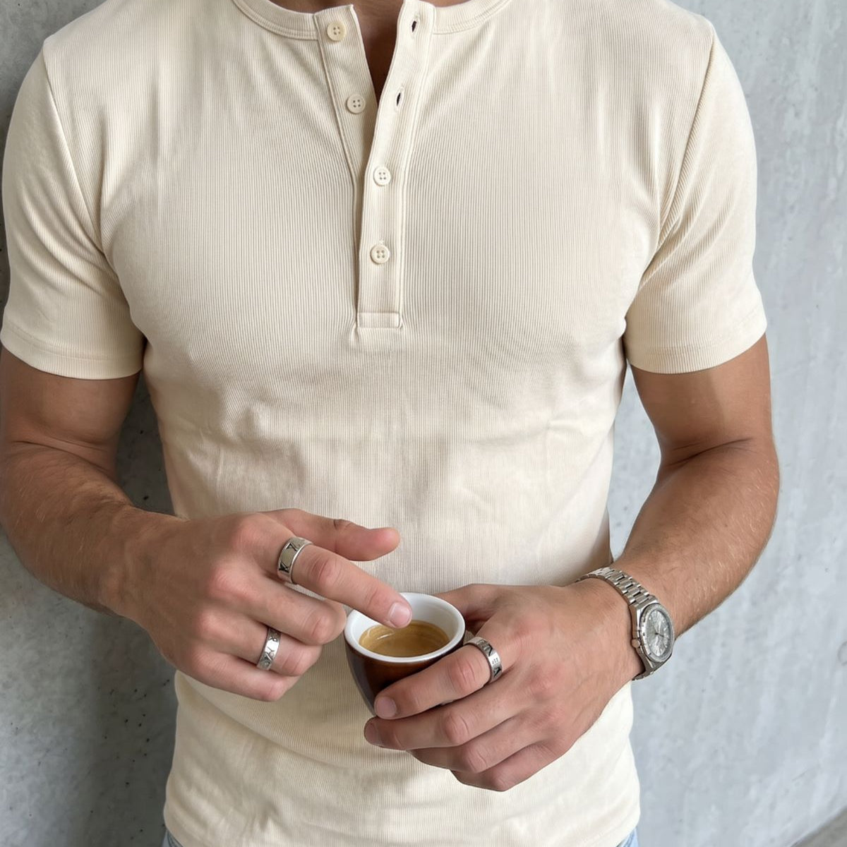 Liiri %100 Pamuk Premium Fitilli Henley Yaka Yarım Düğmeli Regular Fit Basic Yazlık Erkek Tişört