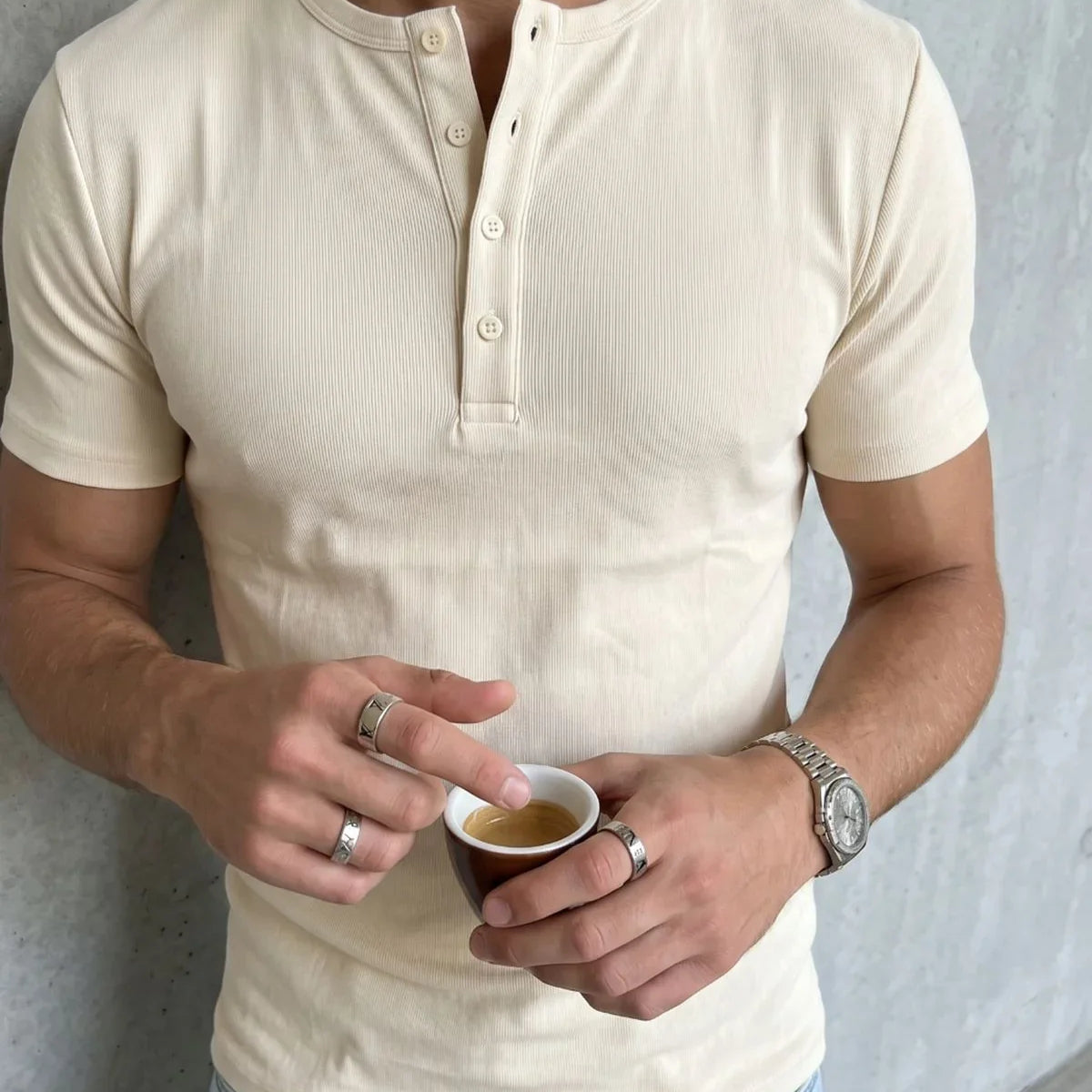 Liiri %100 Pamuk Premium Fitilli Henley Yaka Yarım Düğmeli Regular Fit Basic Yazlık Erkek Tişört