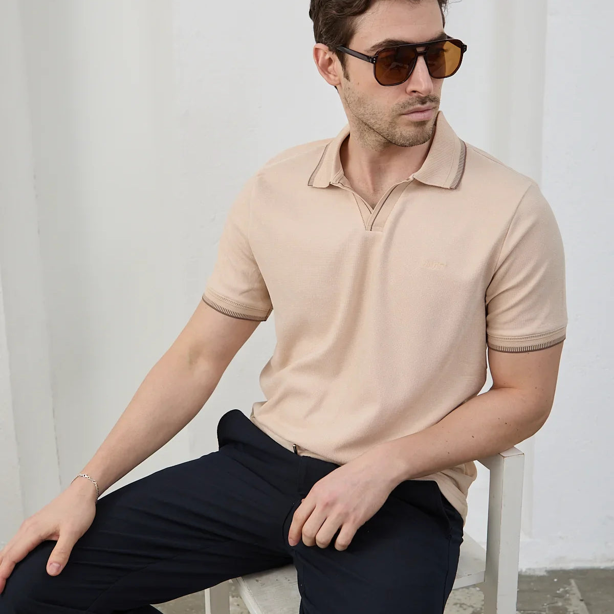 Lodz Erkek Polo Yaka Tişört Çekmeyen Pamuklu Kumaş Regular Fit Günlük