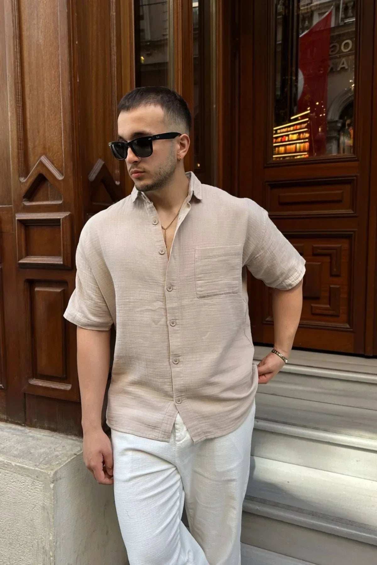 Lora Erkek Yazlık Pamuk Gömlek Kısa Kollu Cepli Bol Kesim - Livio Ferri
