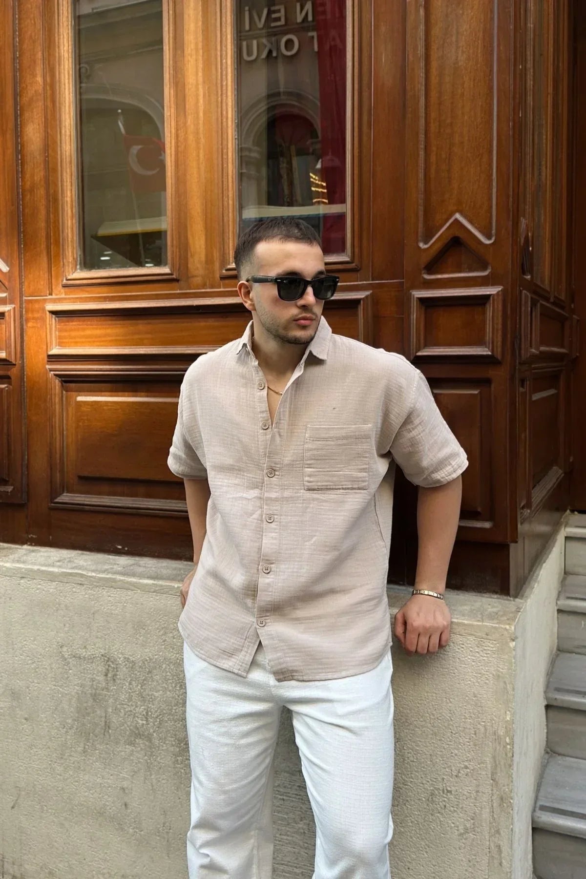 Lora Erkek Yazlık Pamuk Gömlek Kısa Kollu Cepli Bol Kesim - Livio Ferri