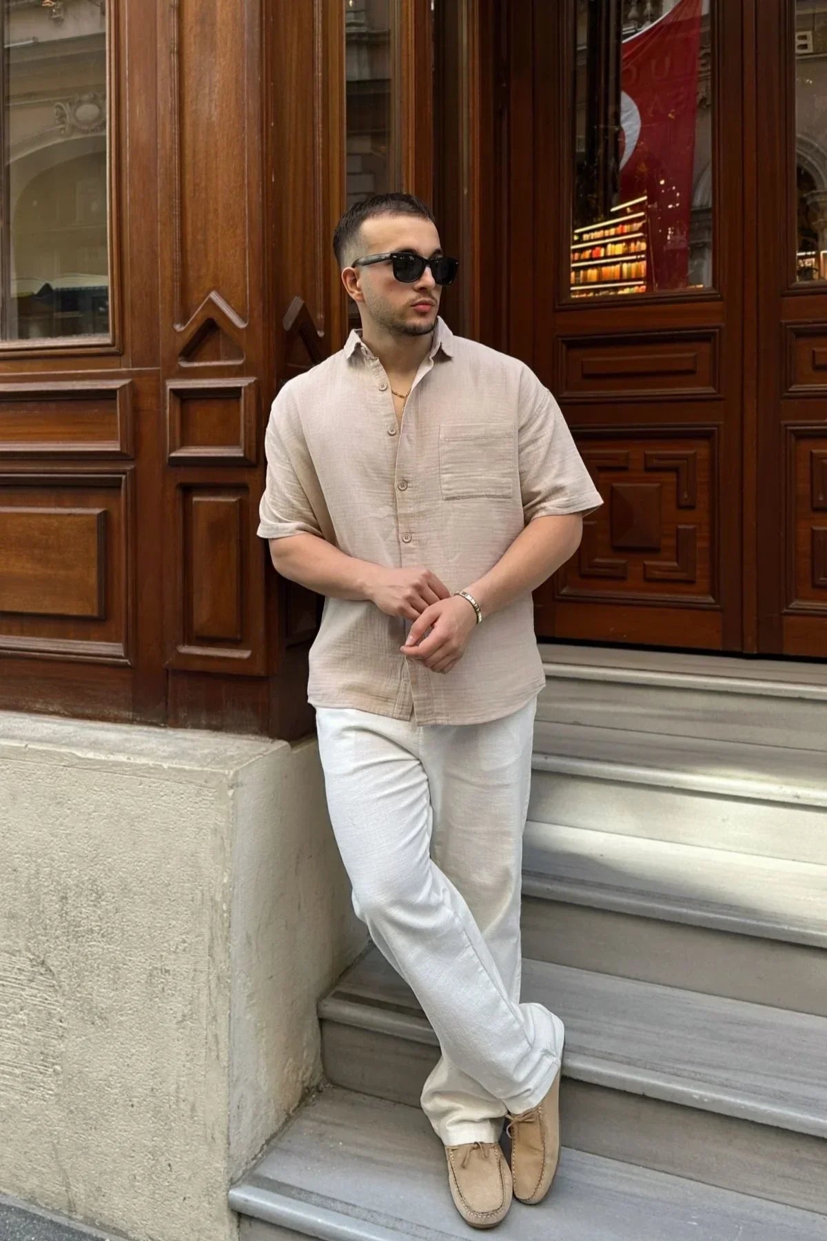 Lora Erkek Yazlık Pamuk Gömlek Kısa Kollu Cepli Bol Kesim - Livio Ferri