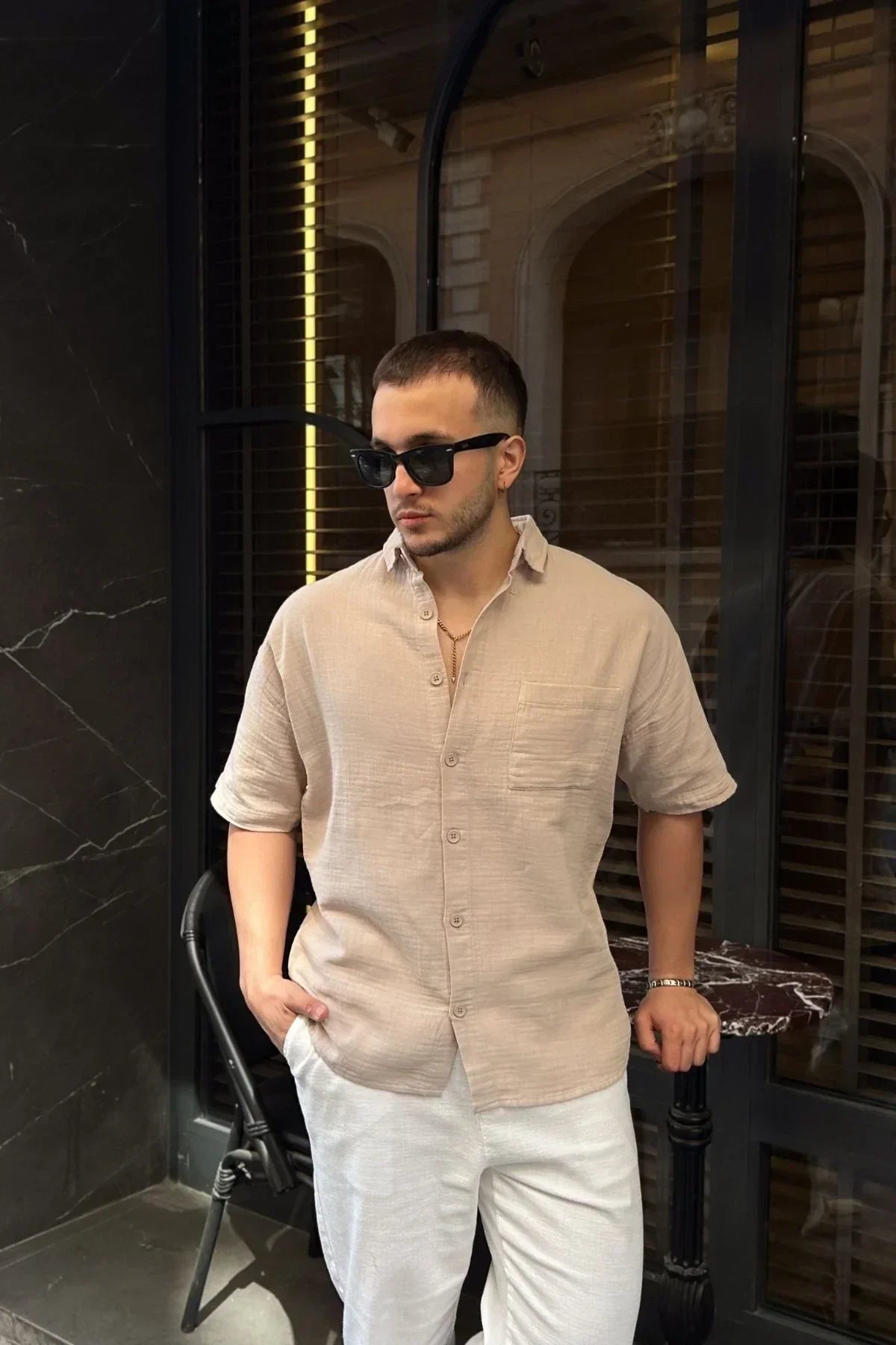 Lora Erkek Yazlık Pamuk Gömlek Kısa Kollu Cepli Bol Kesim - Livio Ferri