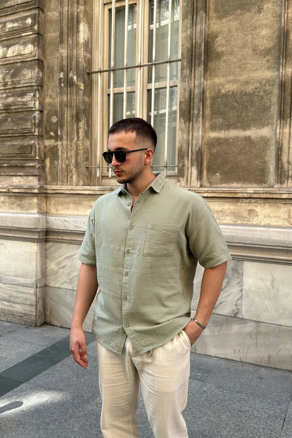 Lora Erkek Yazlık Pamuk Gömlek Kısa Kollu Cepli Bol Kesim - Livio Ferri