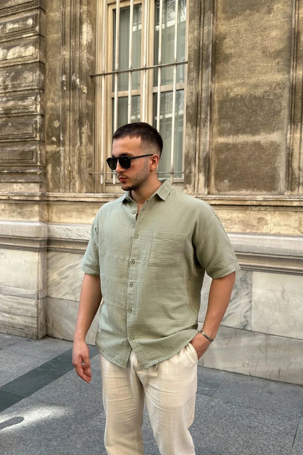 Lora Erkek Yazlık Pamuk Gömlek Kısa Kollu Cepli Bol Kesim - Livio Ferri