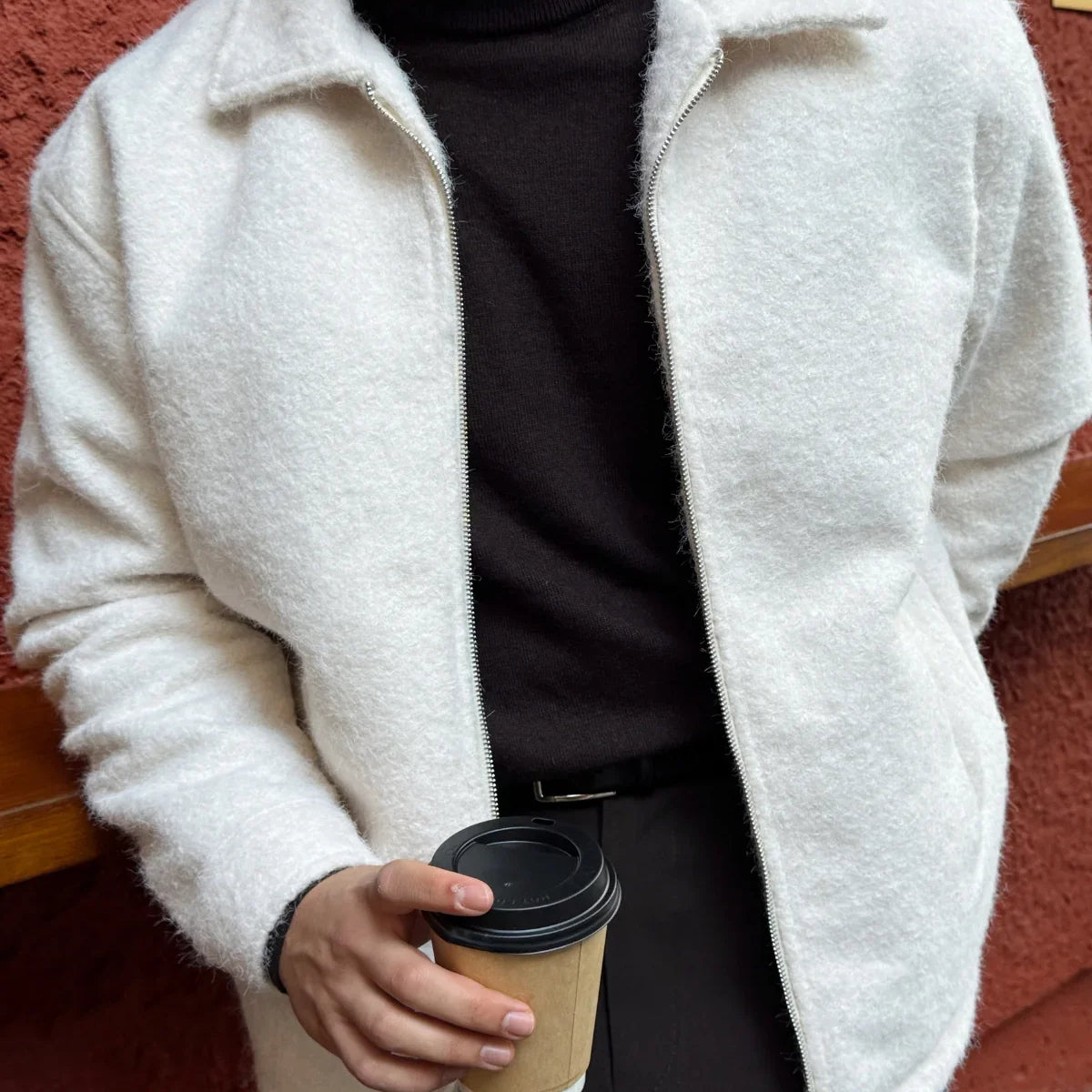 Lupi Çift Fermuarlı Astarlı Erkek Kaşe Kaban Sıcak Tutan Polo Yaka