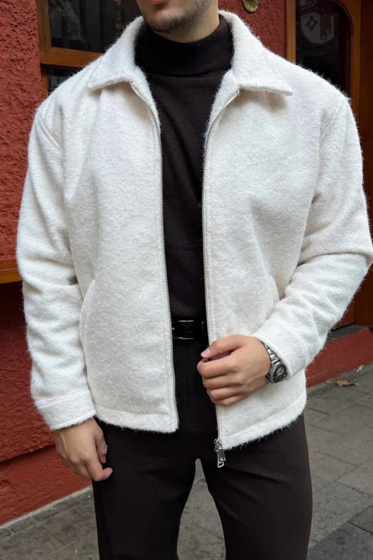 Lupi Çift Fermuarlı Astarlı Erkek Kaşe Kaban Sıcak Tutan Polo Yaka - Livio Ferri