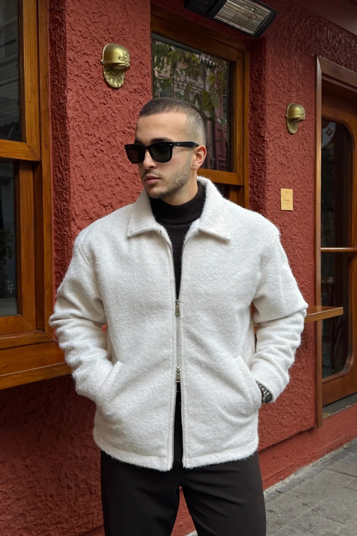 Lupi Çift Fermuarlı Astarlı Erkek Kaşe Kaban Sıcak Tutan Polo Yaka - Livio Ferri