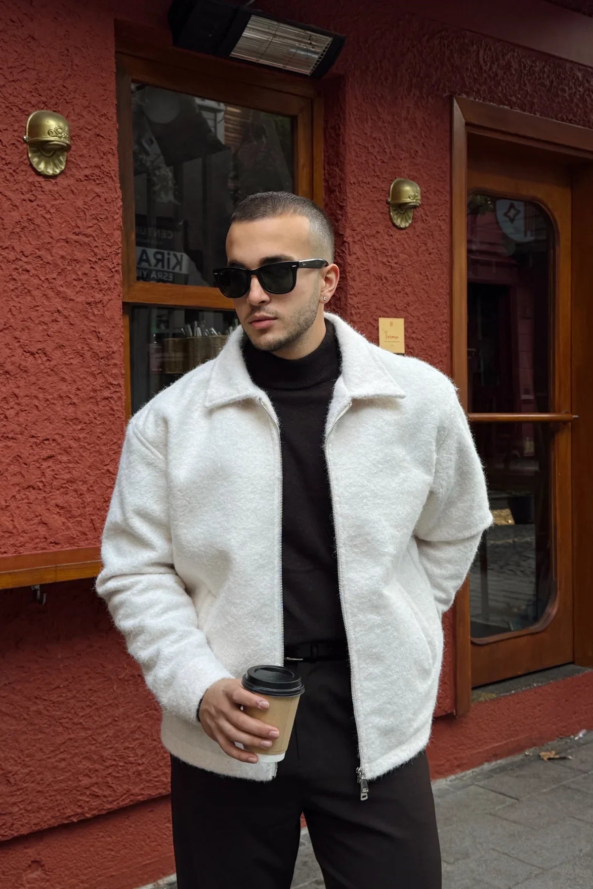 Lupi Çift Fermuarlı Astarlı Erkek Kaşe Kaban Sıcak Tutan Polo Yaka - Livio Ferri