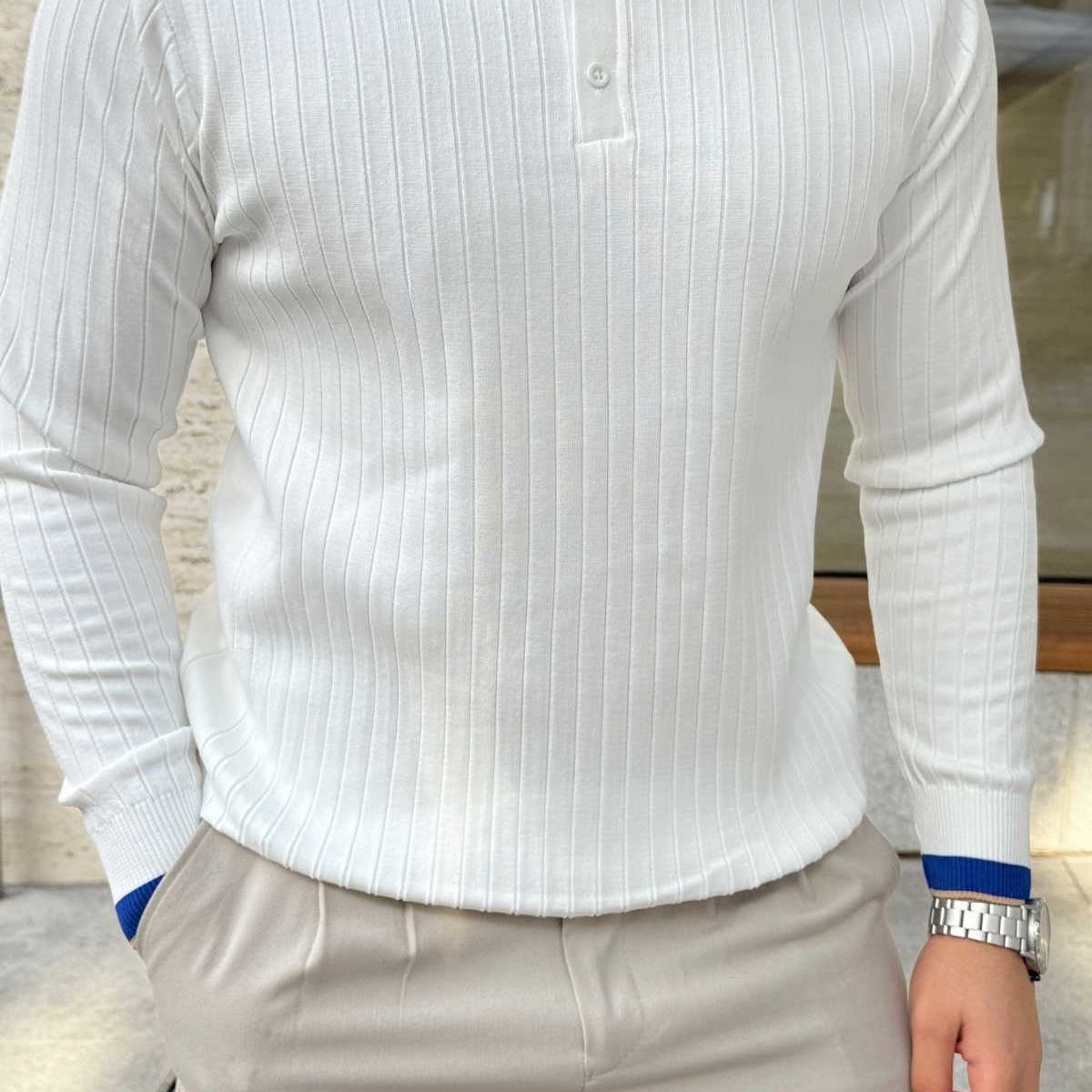 Luzi Çizgi Desenli Polo Yaka Premium Erkek Triko Kazak