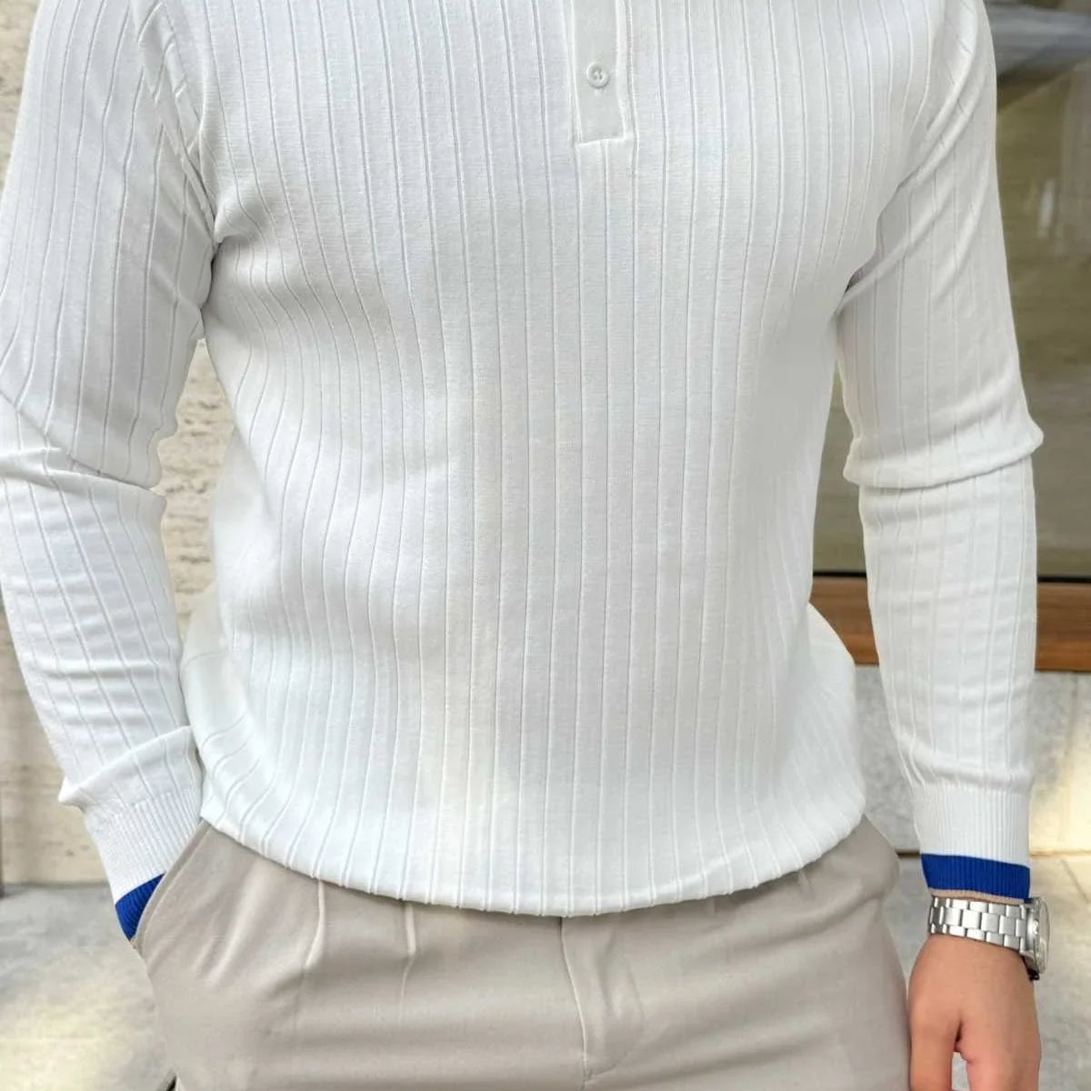 Luzi Çizgi Desenli Polo Yaka Premium Erkek Triko Kazak