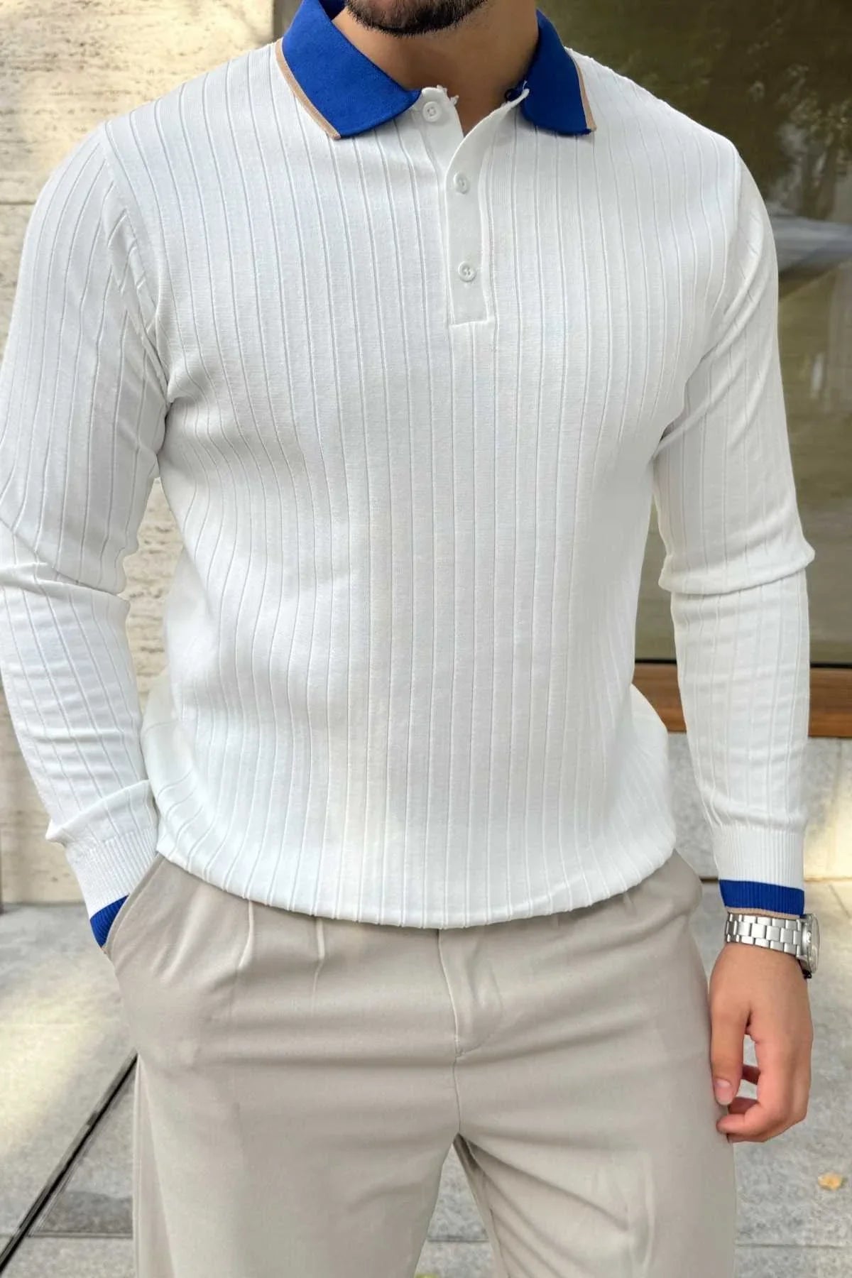 Luzi Çizgi Desenli Polo Yaka Premium Erkek Triko Kazak - Livio Ferri