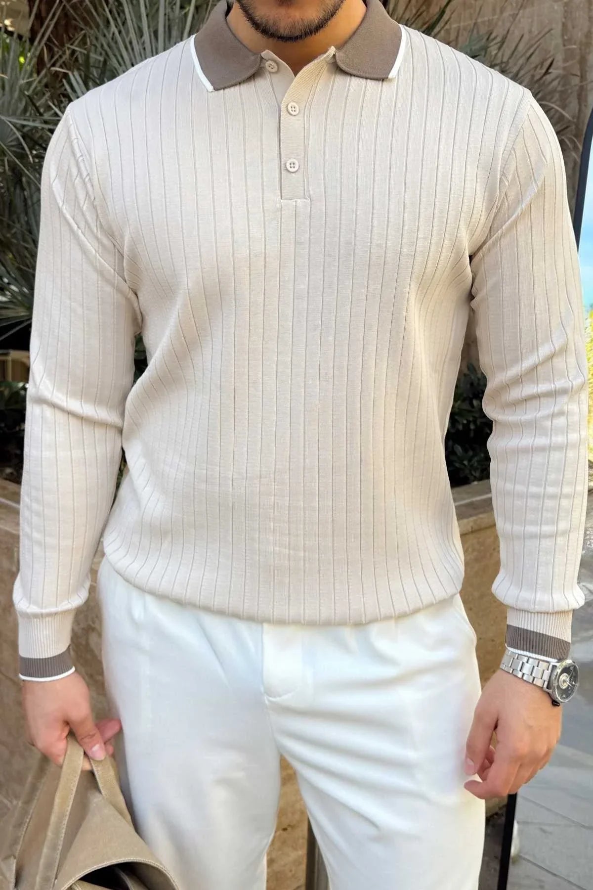 Luzi Çizgi Desenli Polo Yaka Premium Erkek Triko Kazak - Livio Ferri