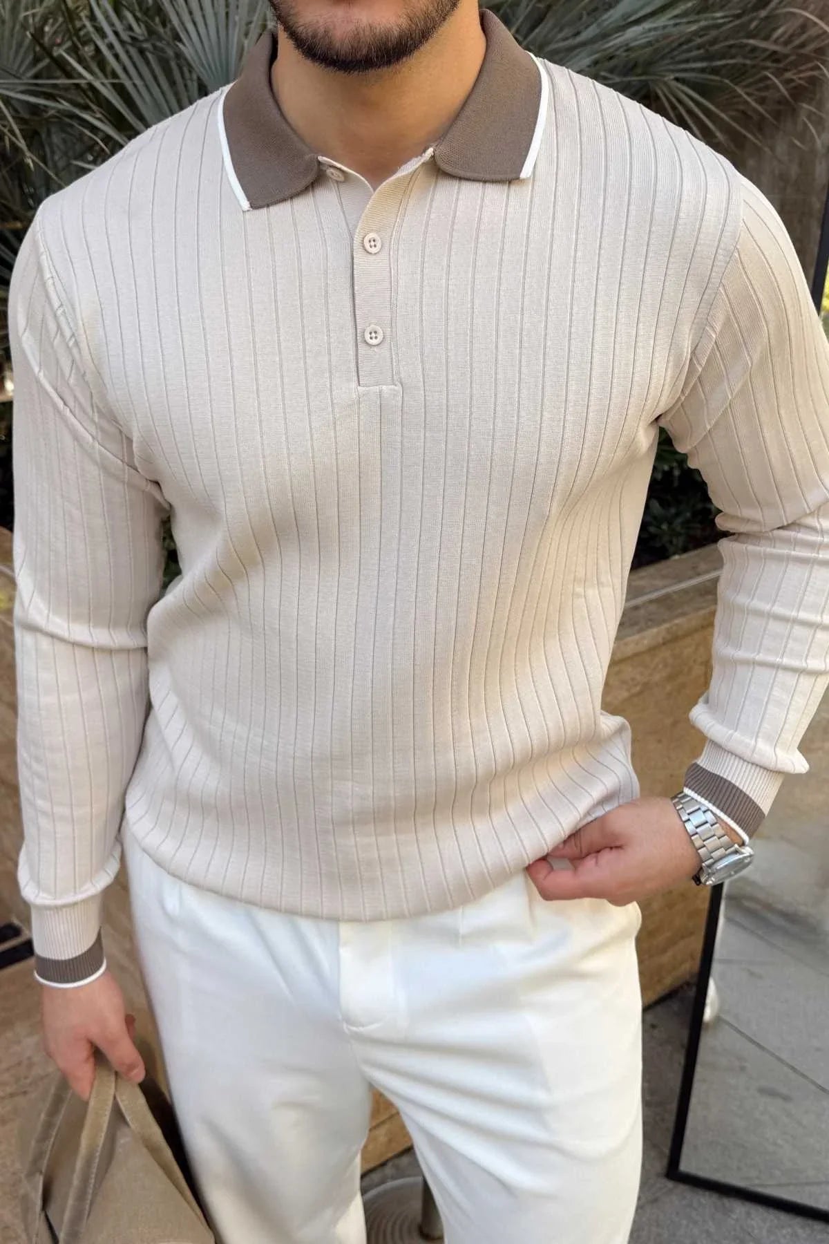 Luzi Çizgi Desenli Polo Yaka Premium Erkek Triko Kazak - Livio Ferri