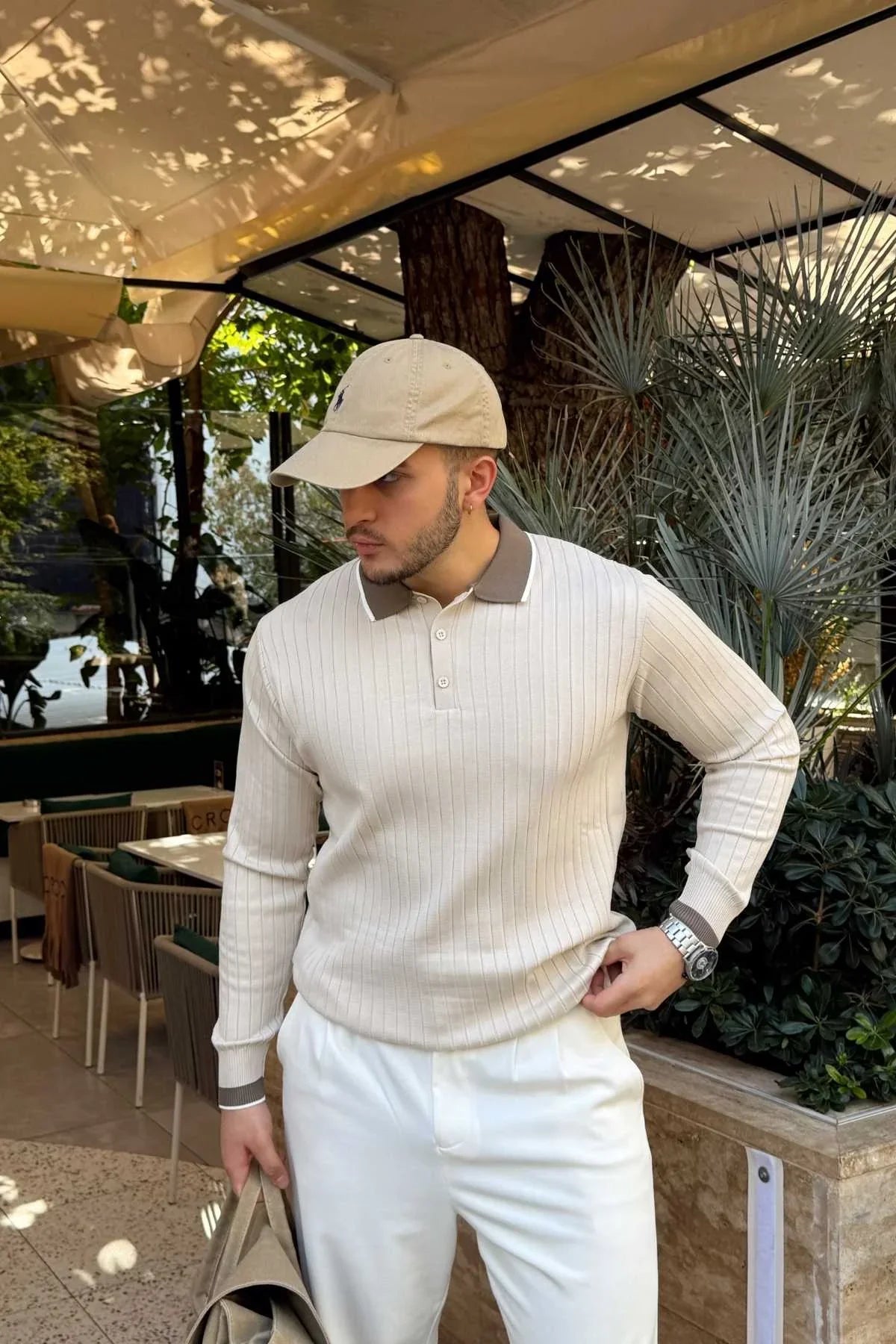 Luzi Çizgi Desenli Polo Yaka Premium Erkek Triko Kazak - Livio Ferri