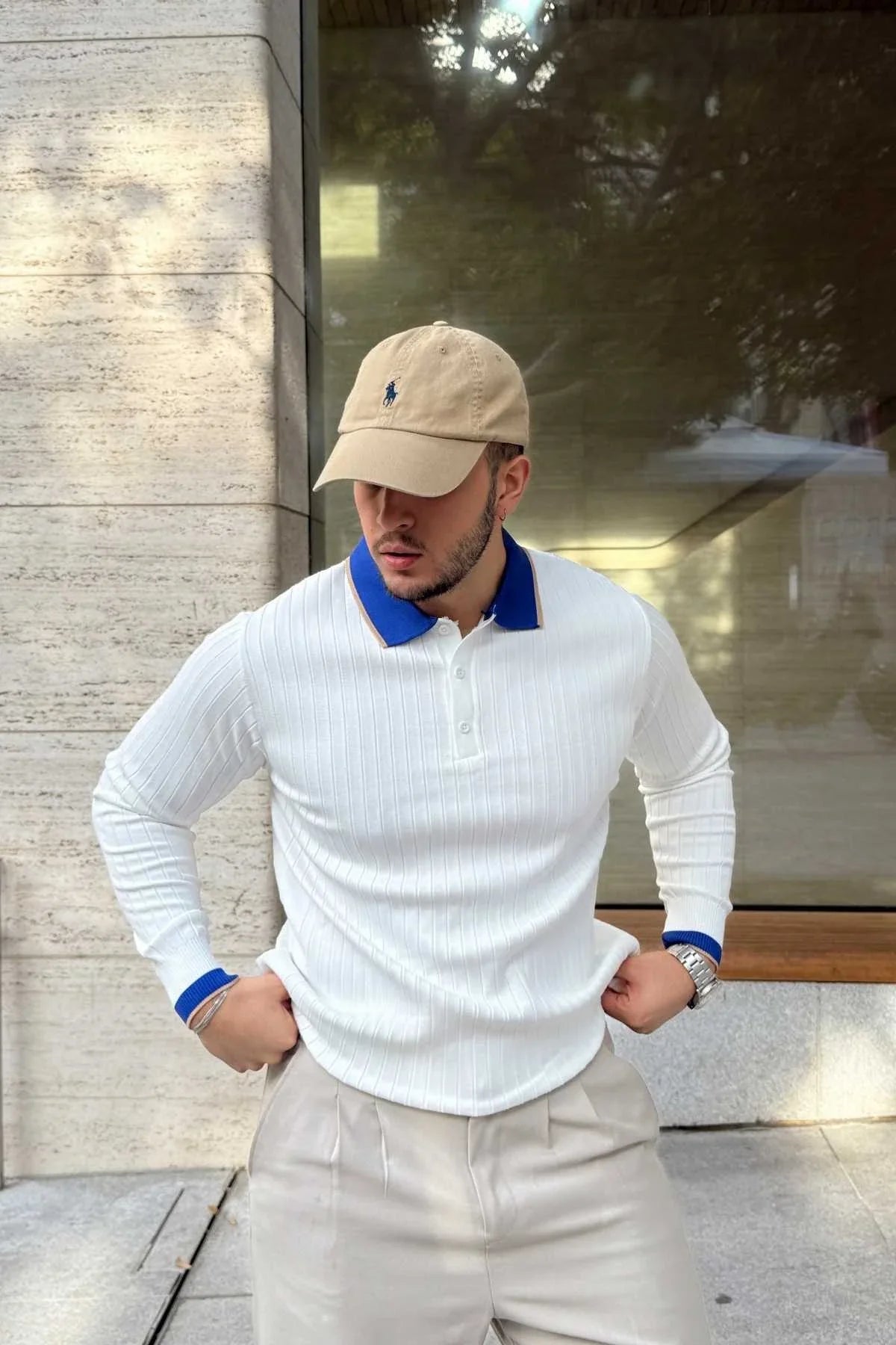 Luzi Çizgi Desenli Polo Yaka Premium Erkek Triko Kazak - Livio Ferri