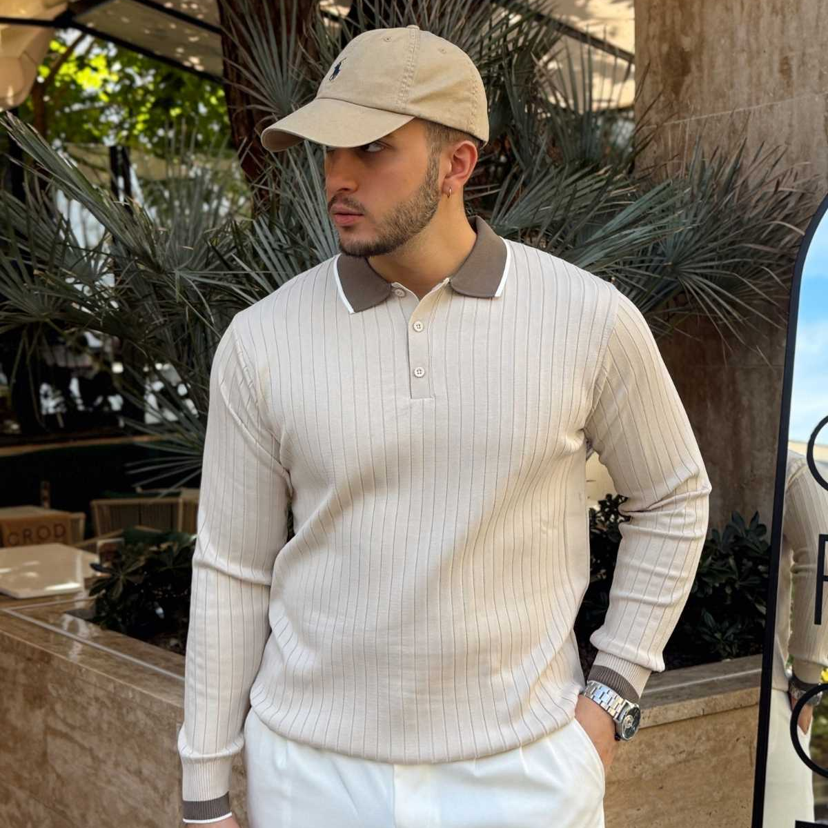 Luzi Çizgi Desenli Polo Yaka Premium Erkek Triko Kazak