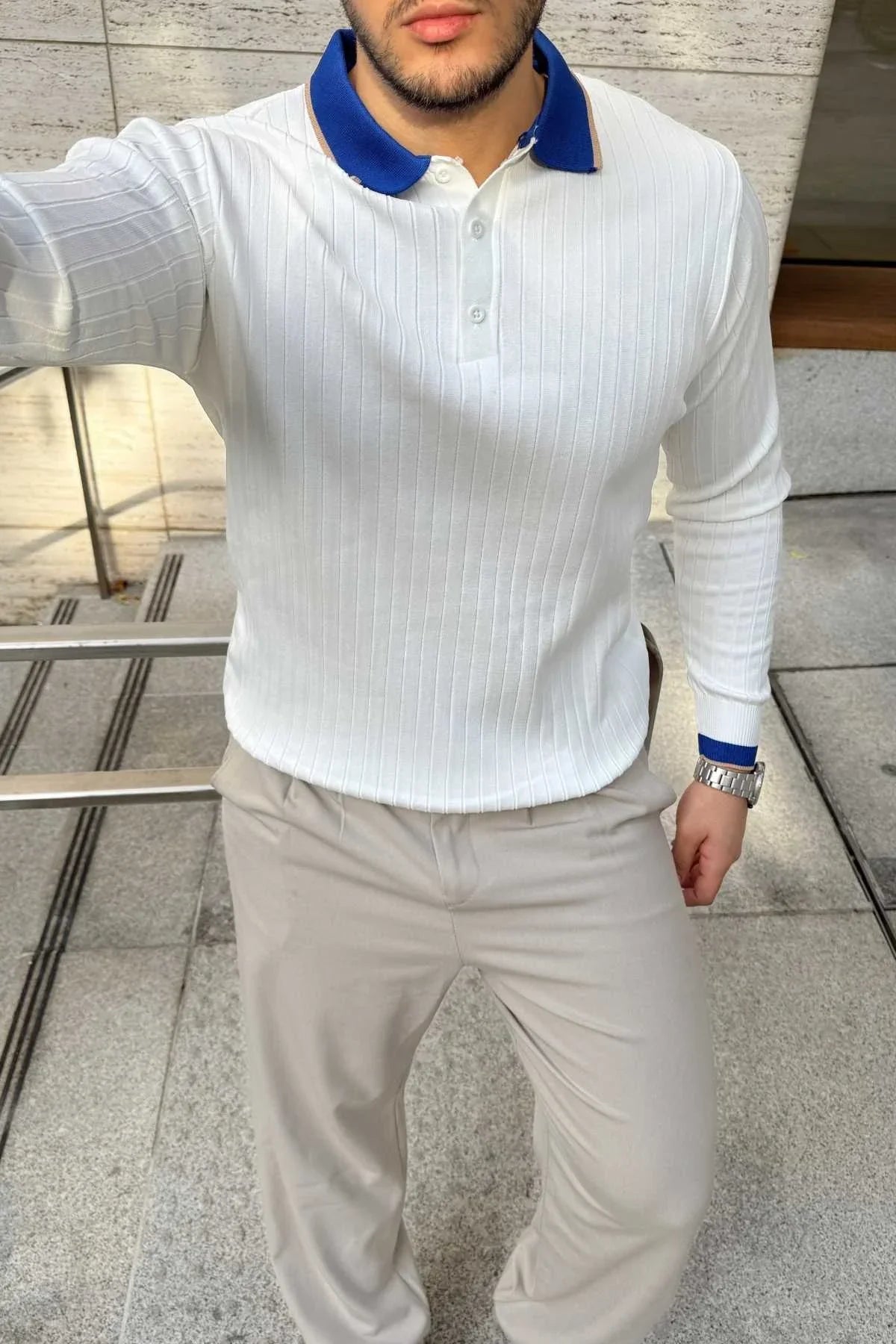 Luzi Çizgi Desenli Polo Yaka Premium Erkek Triko Kazak - Livio Ferri