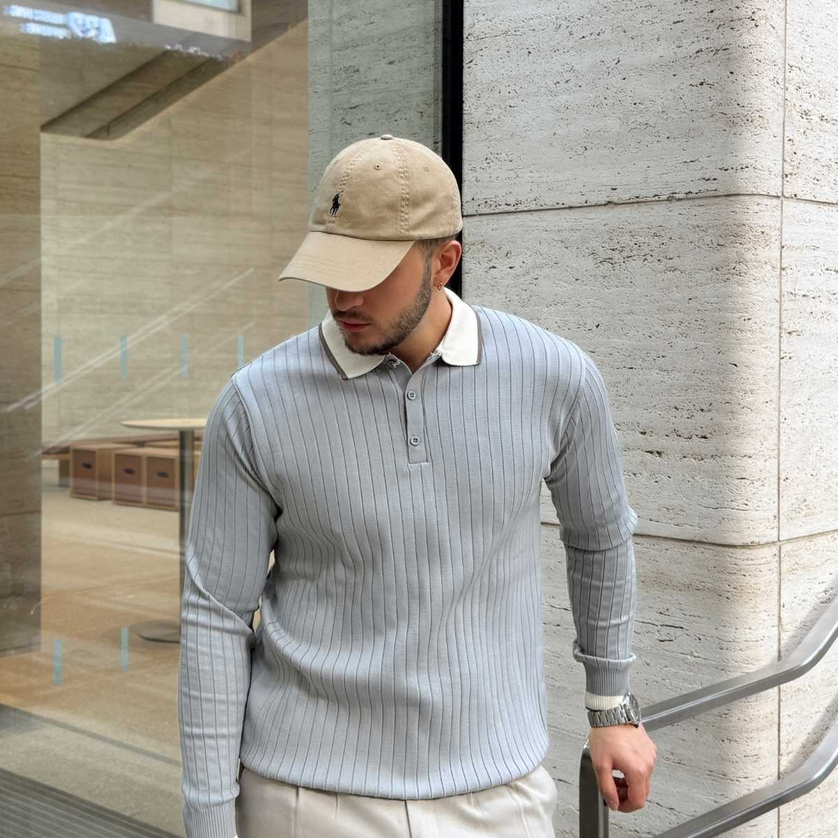 Luzi Çizgi Desenli Polo Yaka Premium Erkek Triko Kazak