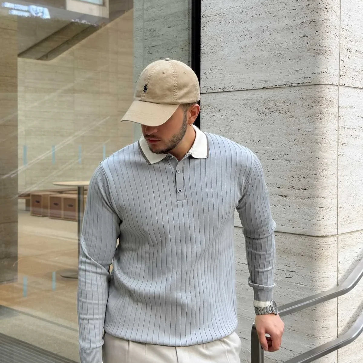 Luzi Çizgi Desenli Polo Yaka Premium Erkek Triko Kazak - Livio Ferri