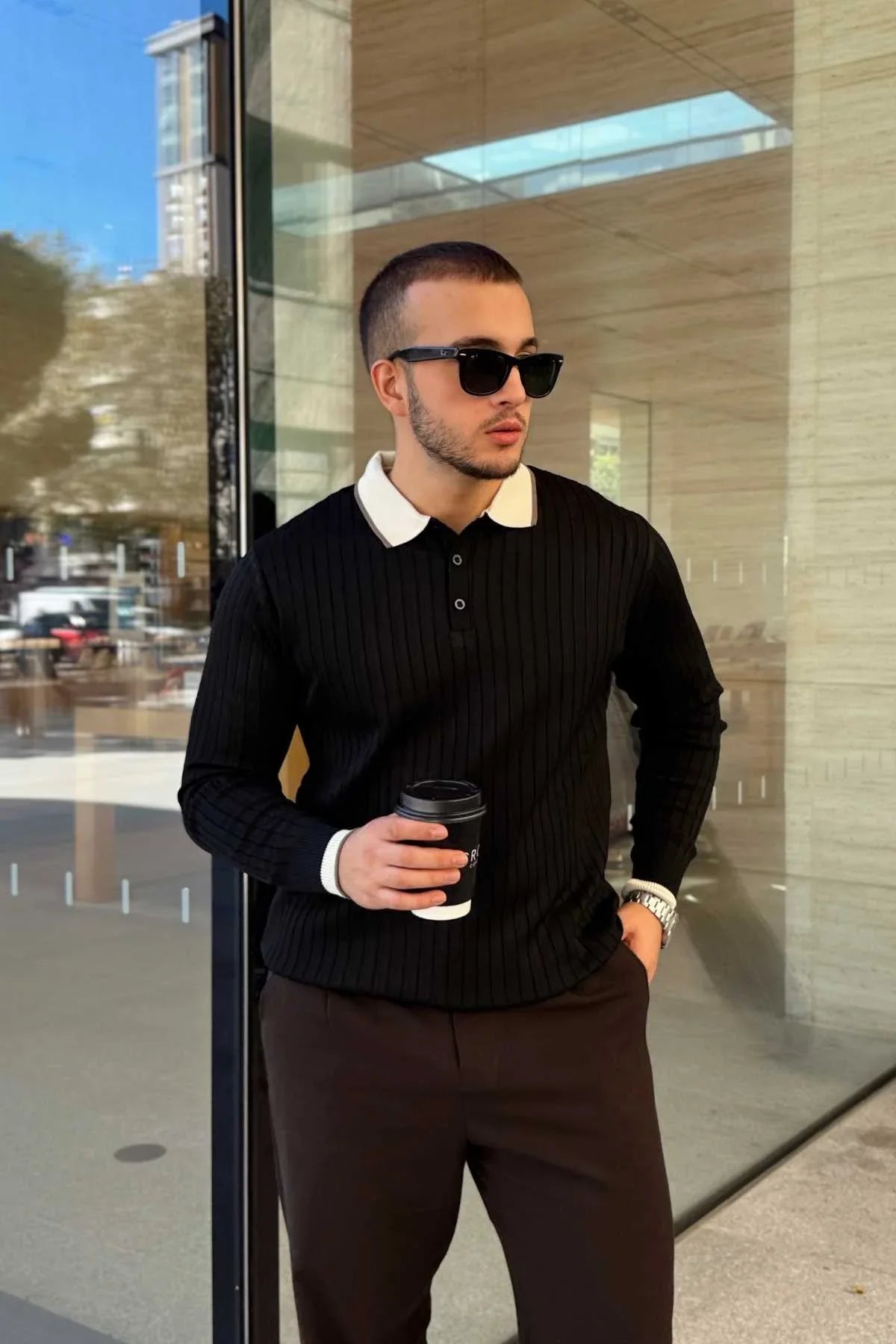 Luzi Çizgi Desenli Polo Yaka Premium Erkek Triko Kazak - Livio Ferri