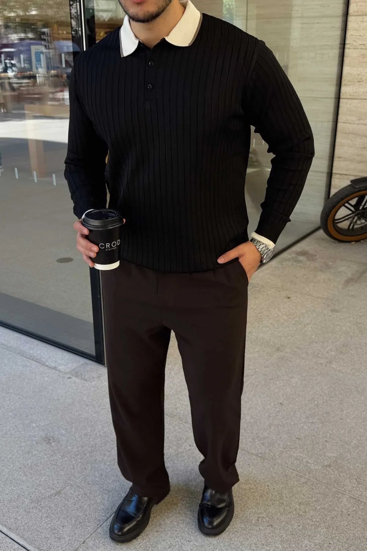 Luzi Çizgi Desenli Polo Yaka Premium Erkek Triko Kazak - Livio Ferri