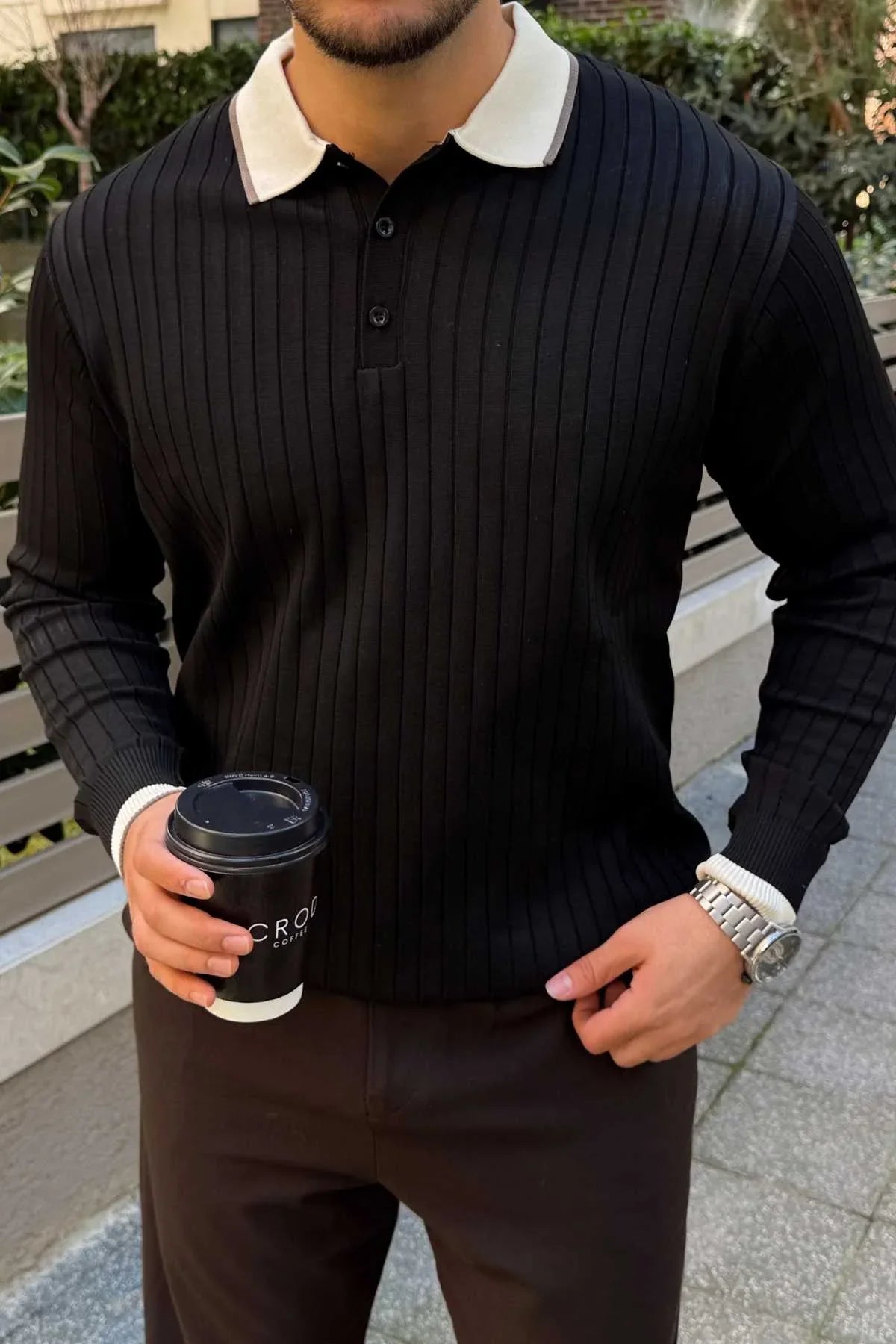 Luzi Çizgi Desenli Polo Yaka Premium Erkek Triko Kazak - Livio Ferri