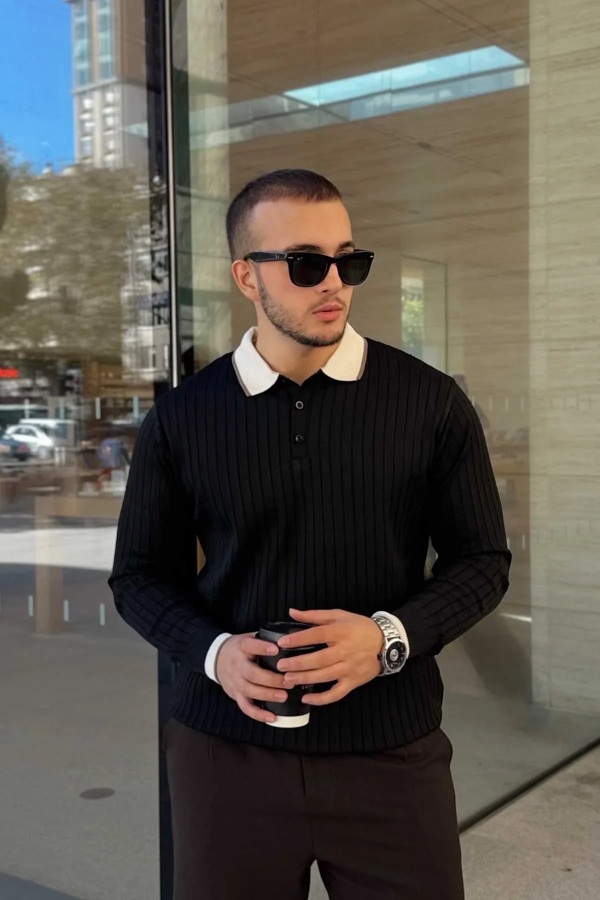 Luzi Çizgi Desenli Polo Yaka Premium Erkek Triko Kazak - Livio Ferri