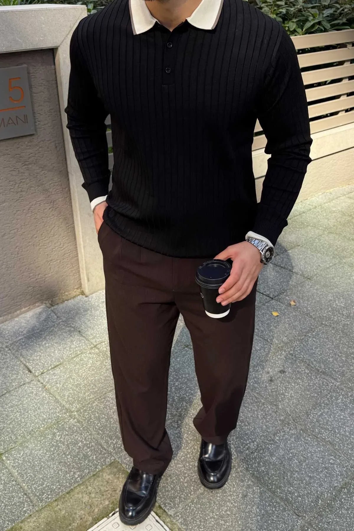 Luzi Çizgi Desenli Polo Yaka Premium Erkek Triko Kazak - Livio Ferri