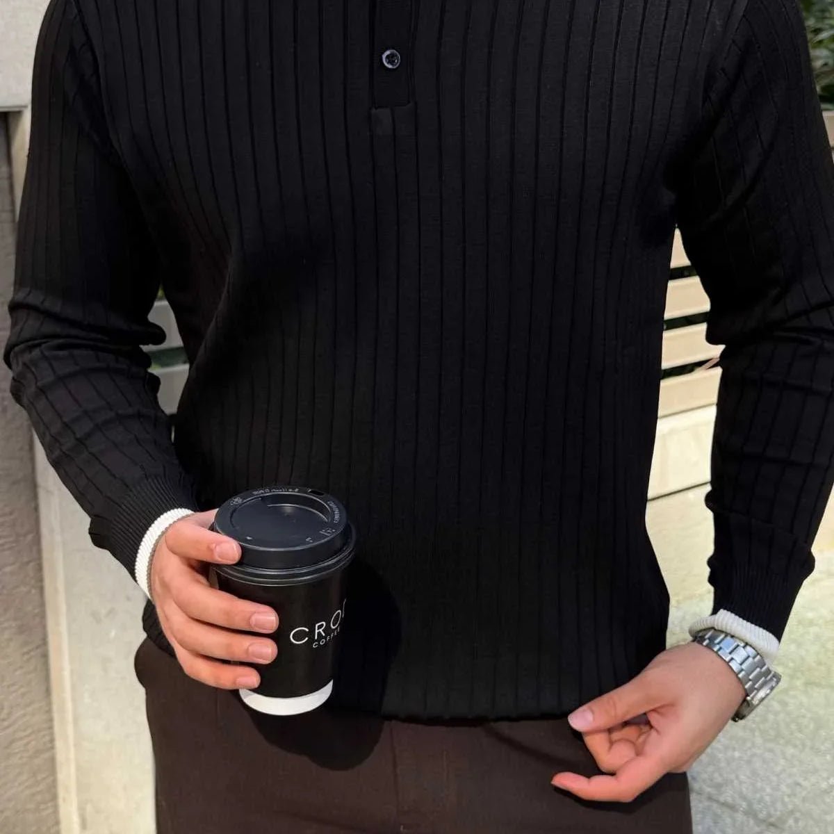 Luzi Çizgi Desenli Polo Yaka Premium Erkek Triko Kazak