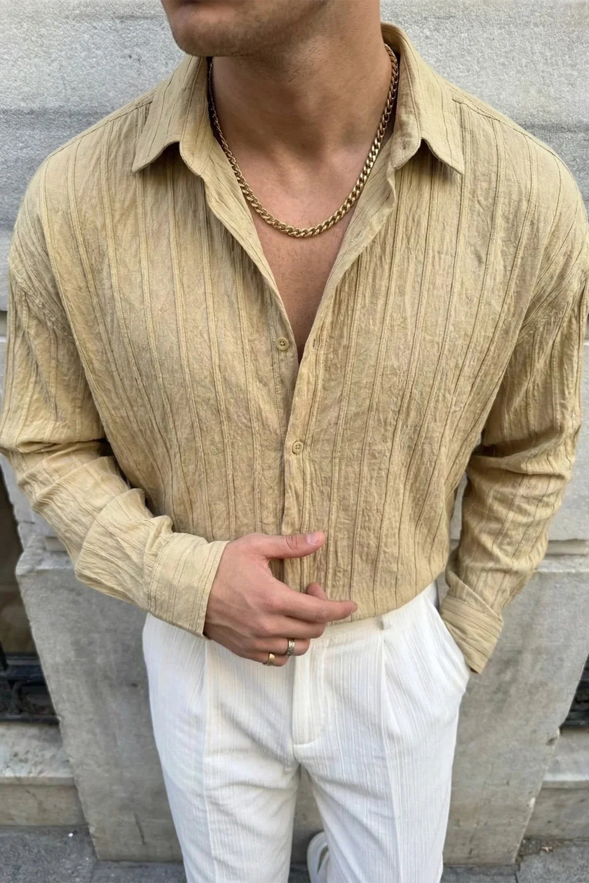 Maze Premium Oversize Erkek Gömlek Dokulu Çizgili - Livio Ferri