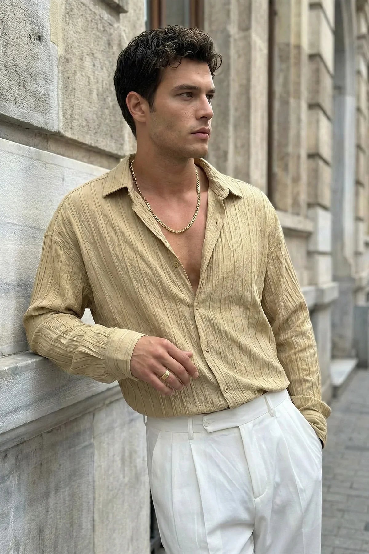 Maze Premium Oversize Erkek Gömlek Dokulu Çizgili - Livio Ferri