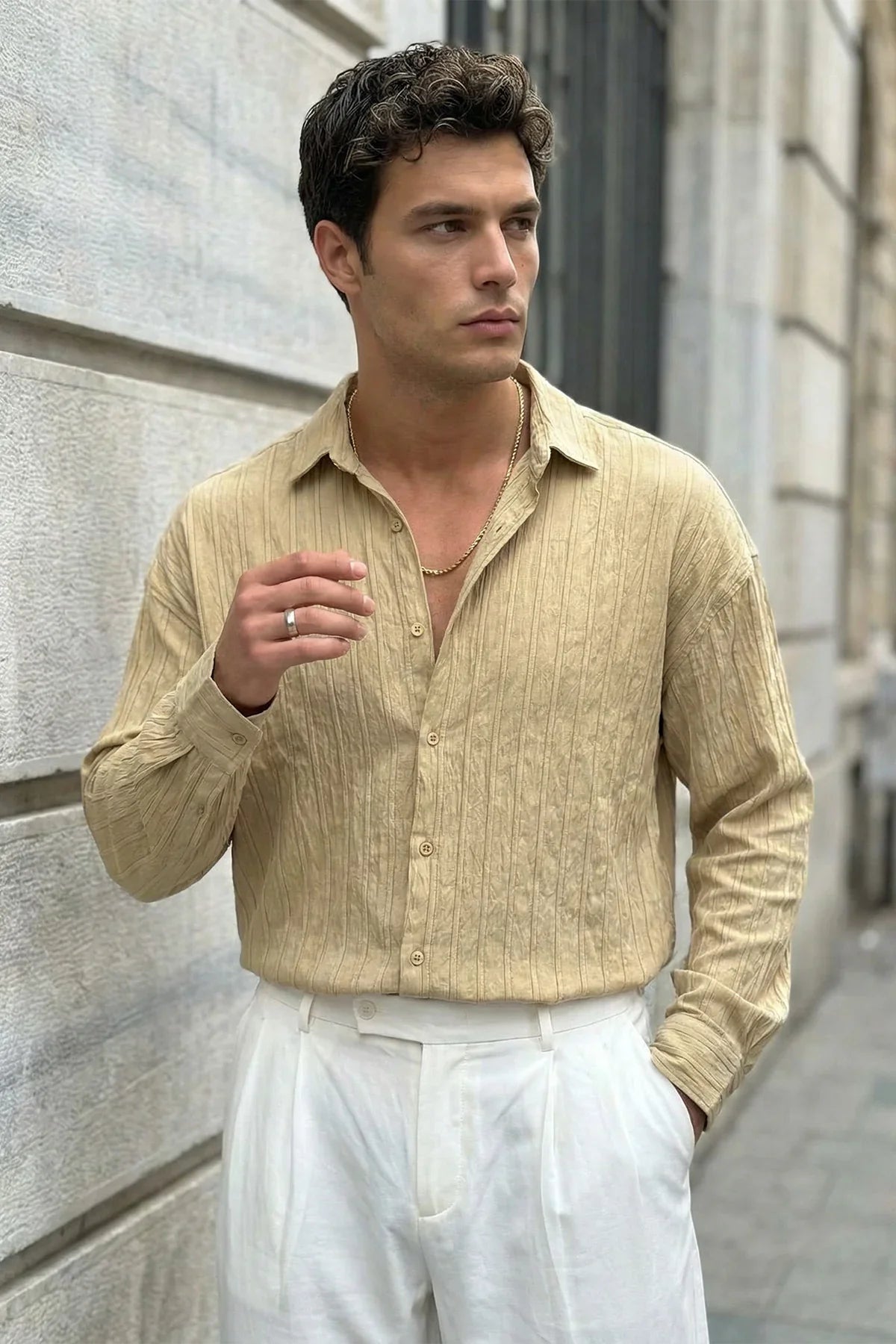 Maze Premium Oversize Erkek Gömlek Dokulu Çizgili - Livio Ferri