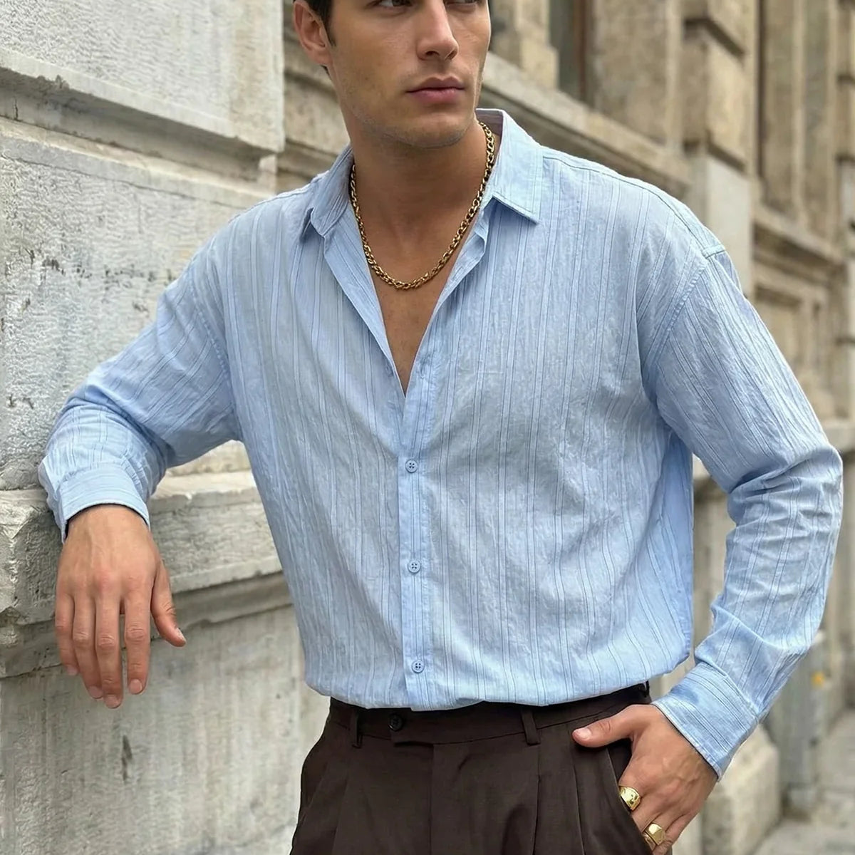 Maze Premium Oversize Erkek Gömlek Dokulu Çizgili - Livio Ferri