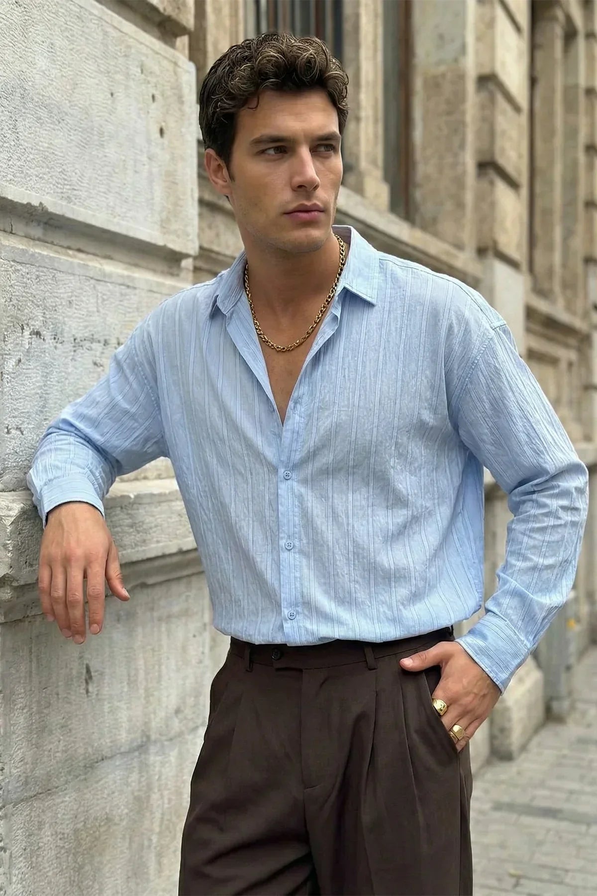 Maze Premium Oversize Erkek Gömlek Dokulu Çizgili - Livio Ferri
