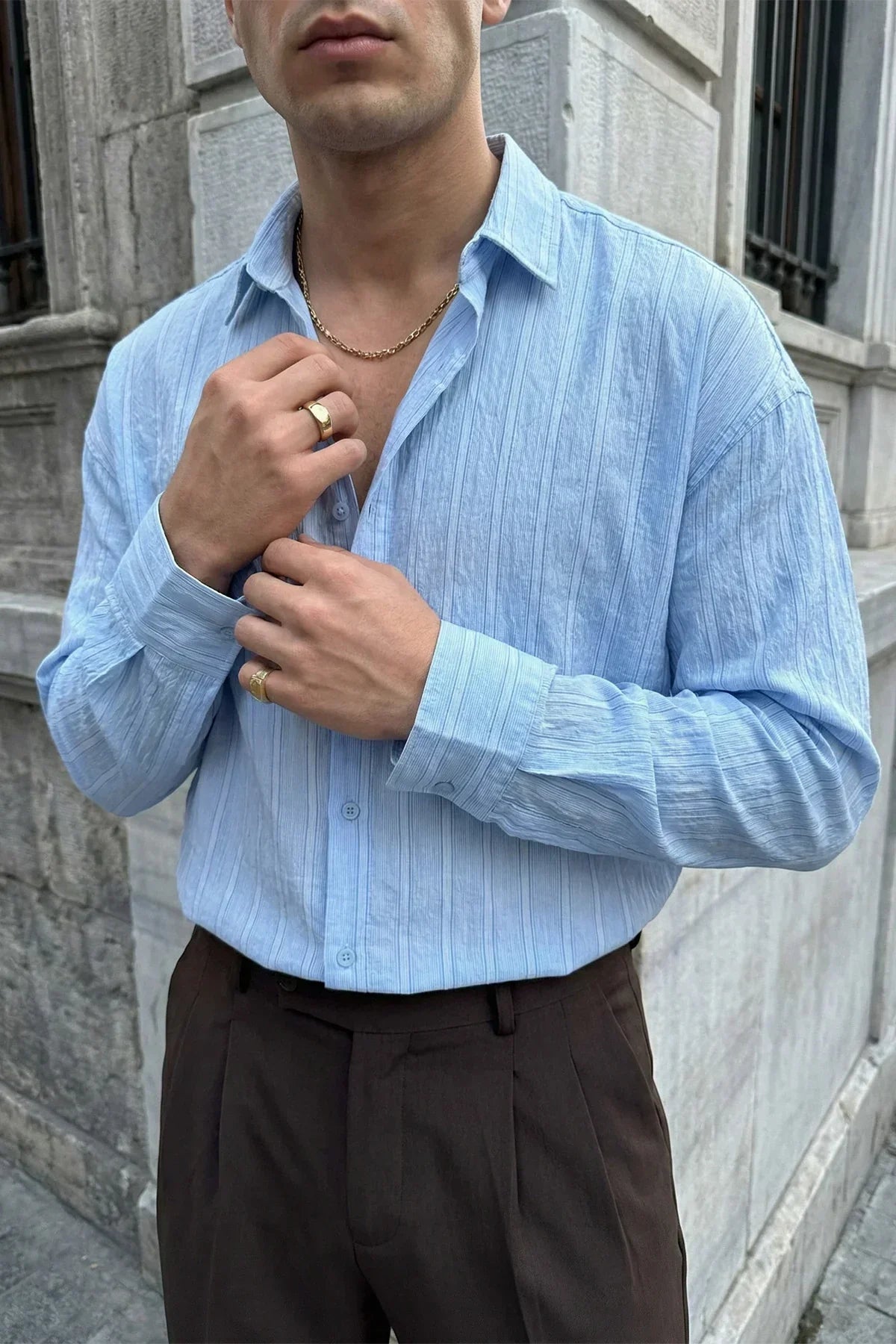 Maze Premium Oversize Erkek Gömlek Dokulu Çizgili - Livio Ferri