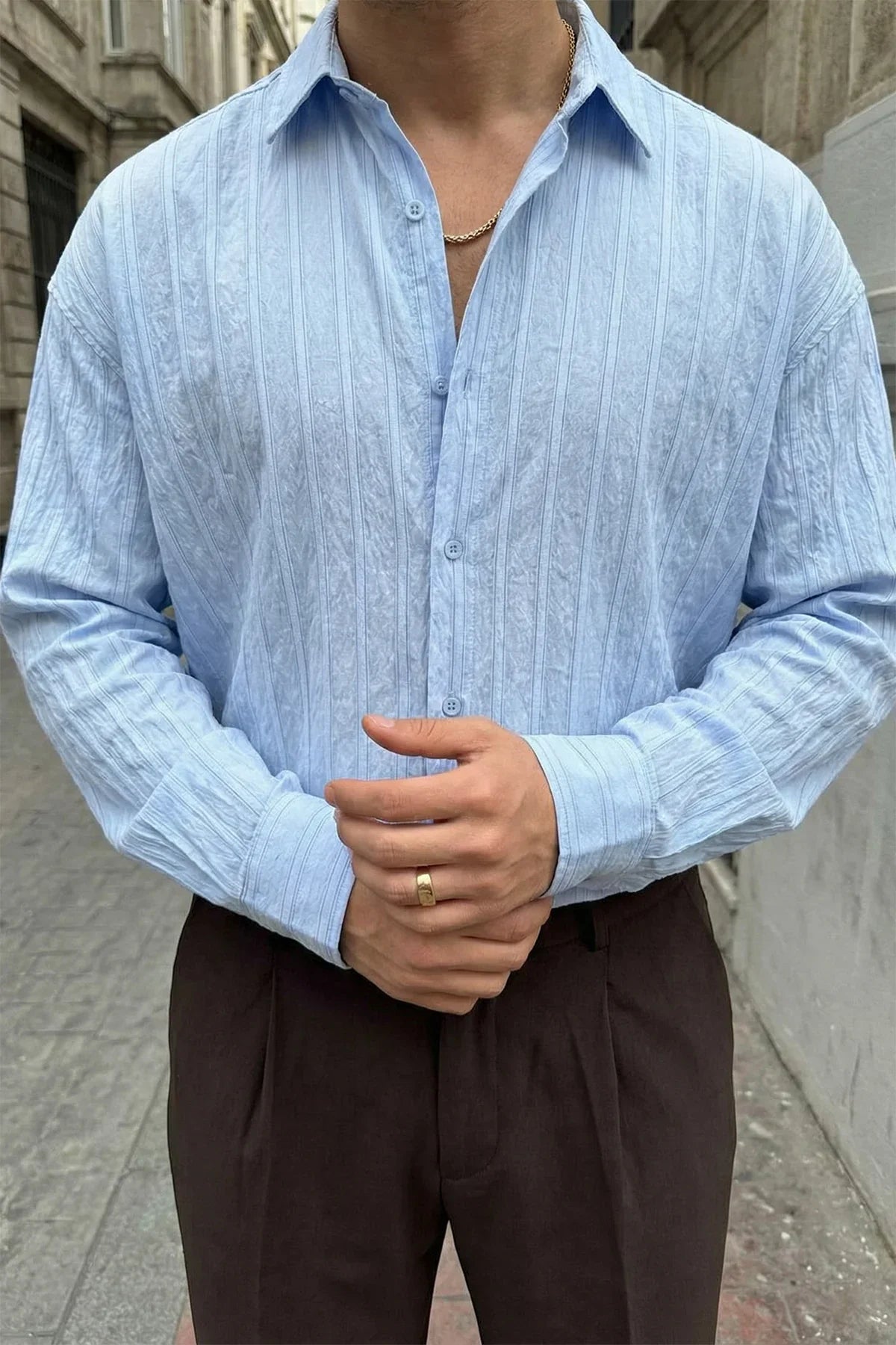 Maze Premium Oversize Erkek Gömlek Dokulu Çizgili - Livio Ferri