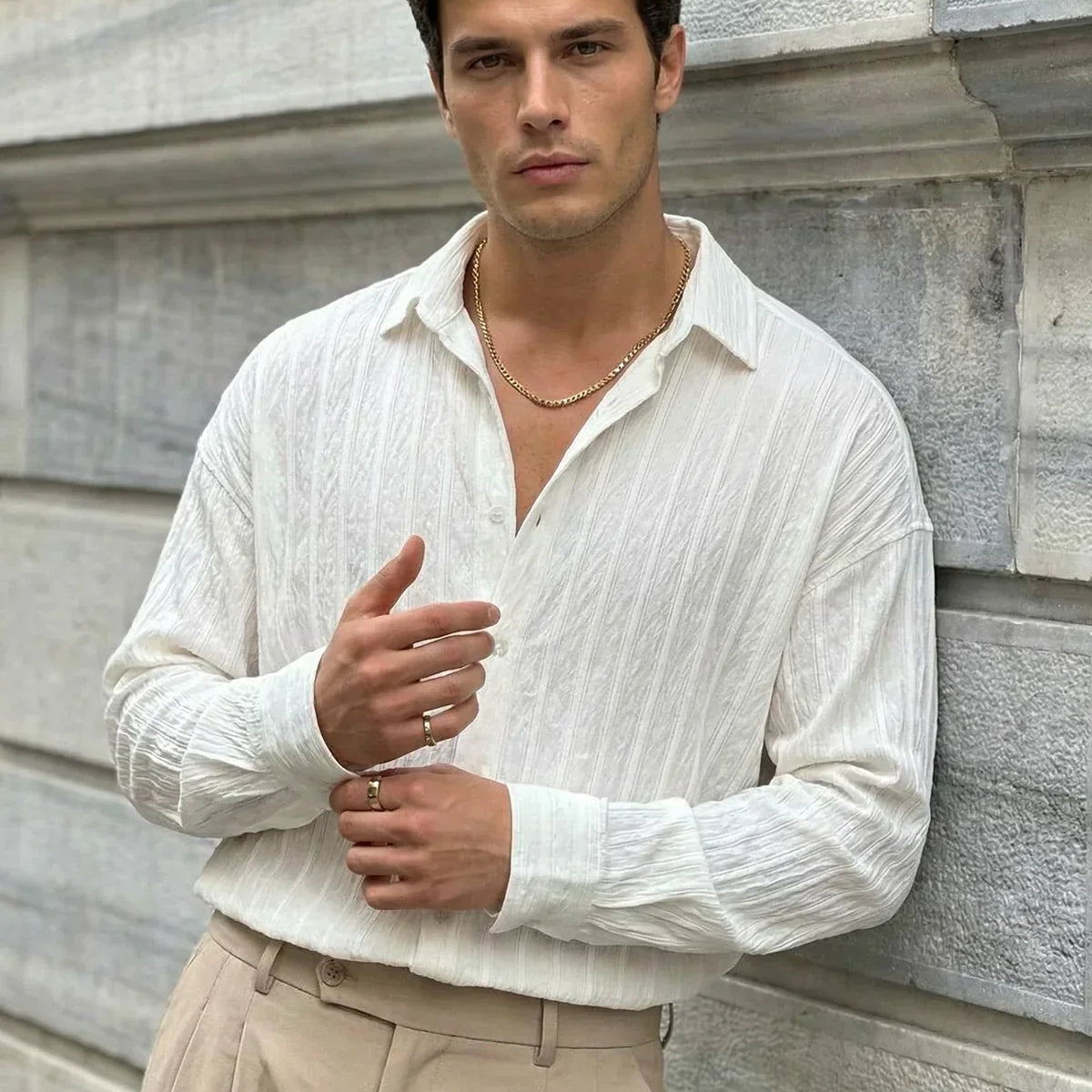 Maze Premium Oversize Erkek Gömlek Dokulu Çizgili - Livio Ferri