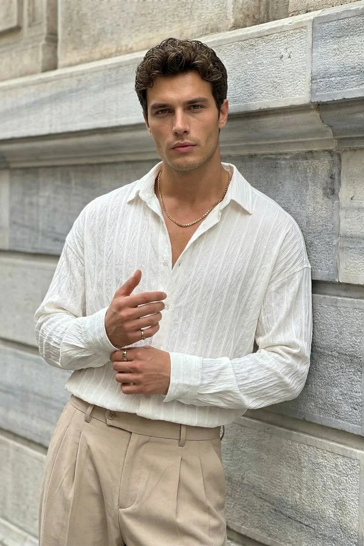 Maze Premium Oversize Erkek Gömlek Dokulu Çizgili - Livio Ferri