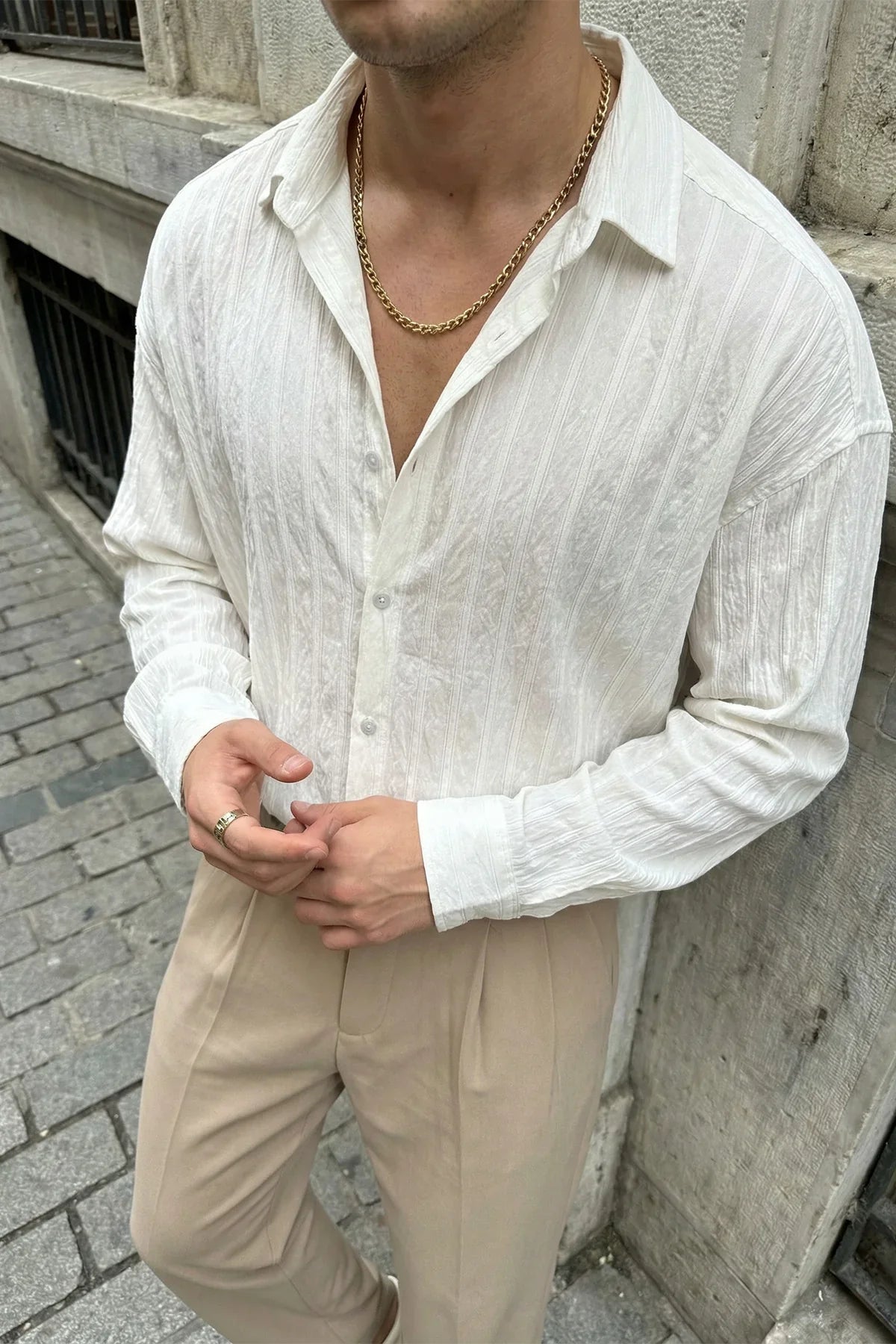 Maze Premium Oversize Erkek Gömlek Dokulu Çizgili - Livio Ferri