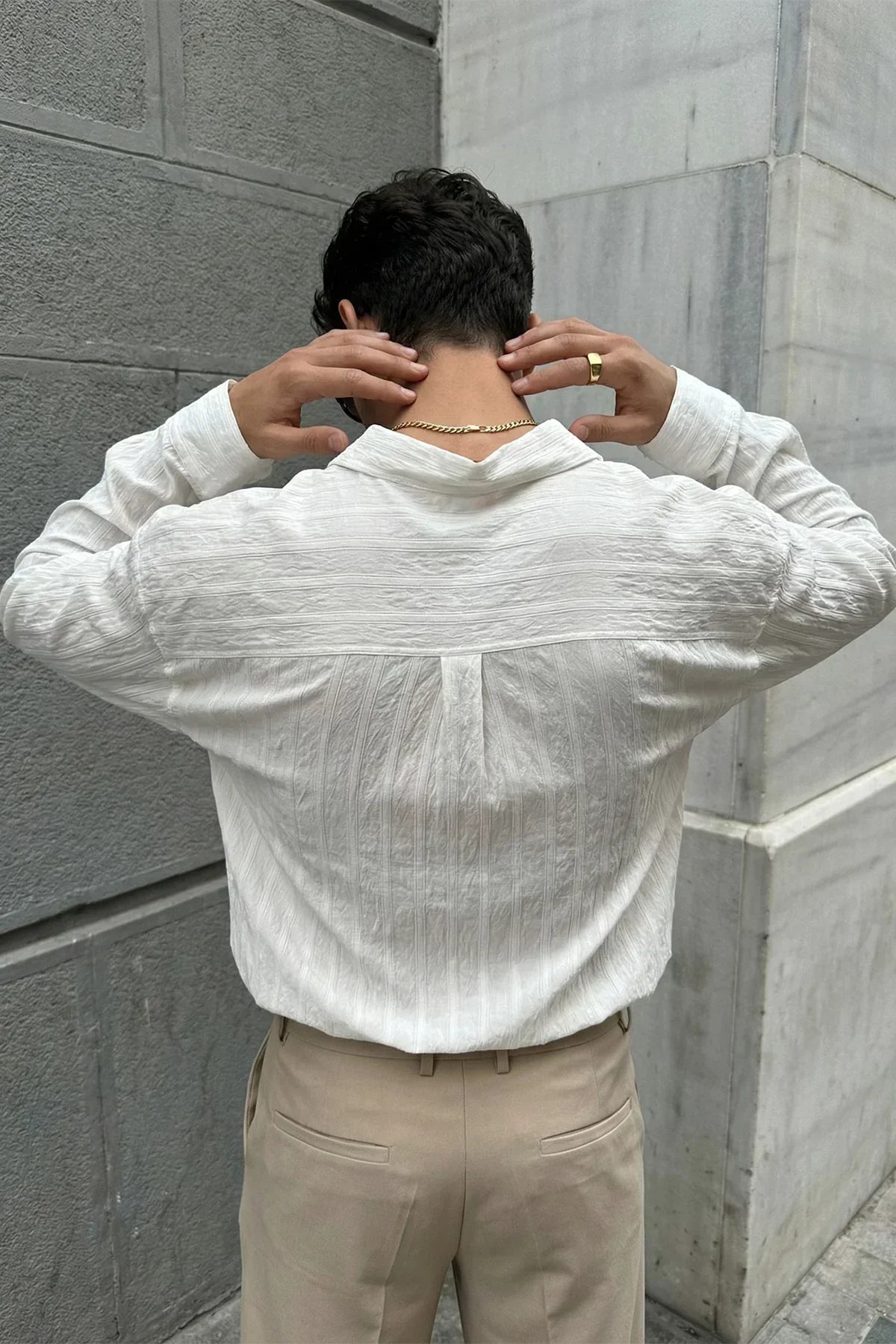 Maze Premium Oversize Erkek Gömlek Dokulu Çizgili - Livio Ferri