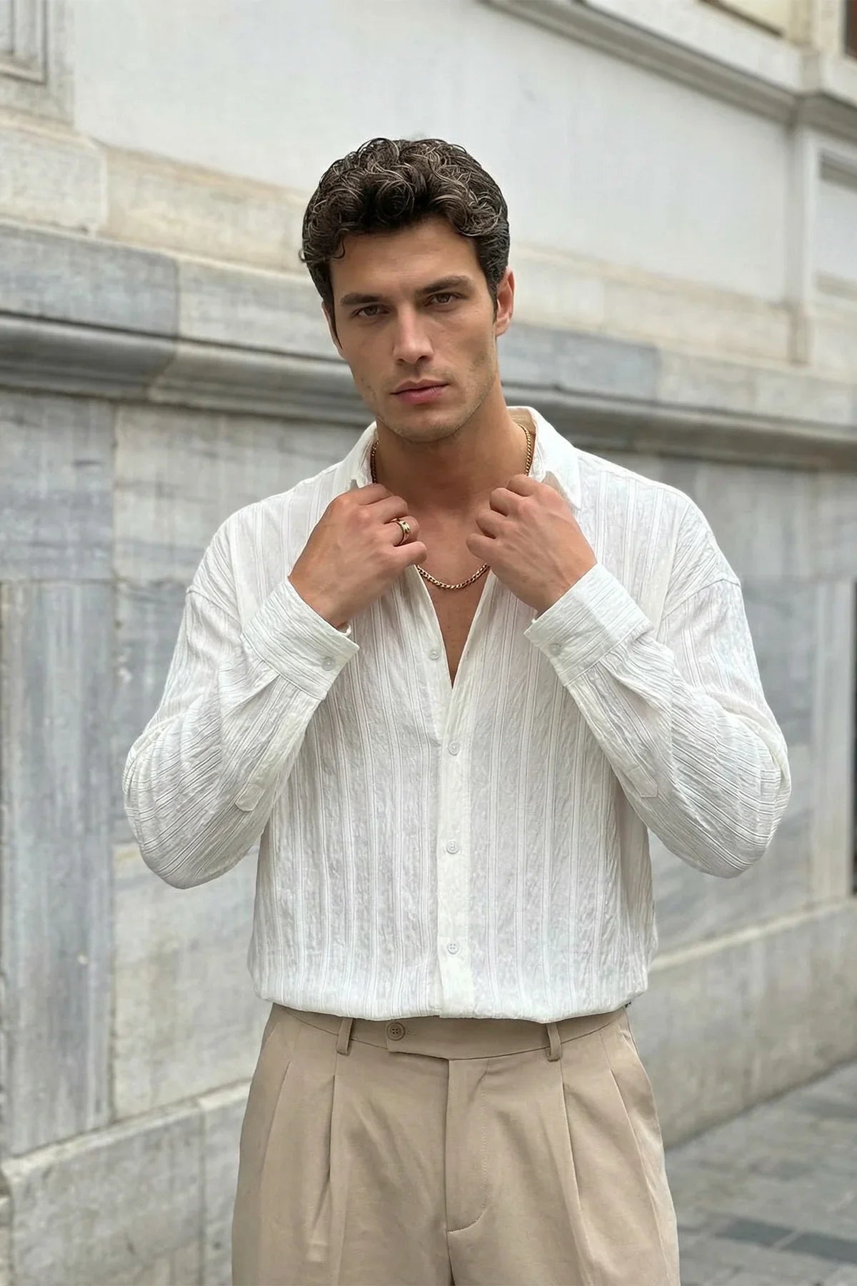 Maze Premium Oversize Erkek Gömlek Dokulu Çizgili - Livio Ferri