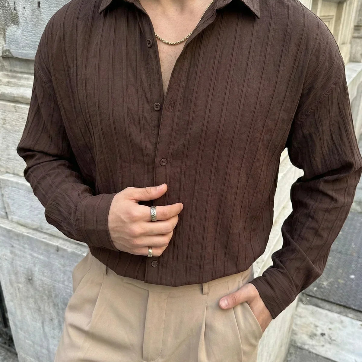 Maze Premium Oversize Erkek Gömlek Dokulu Çizgili - Livio Ferri