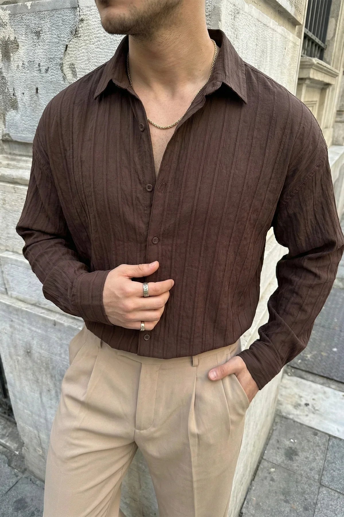 Maze Premium Oversize Erkek Gömlek Dokulu Çizgili - Livio Ferri