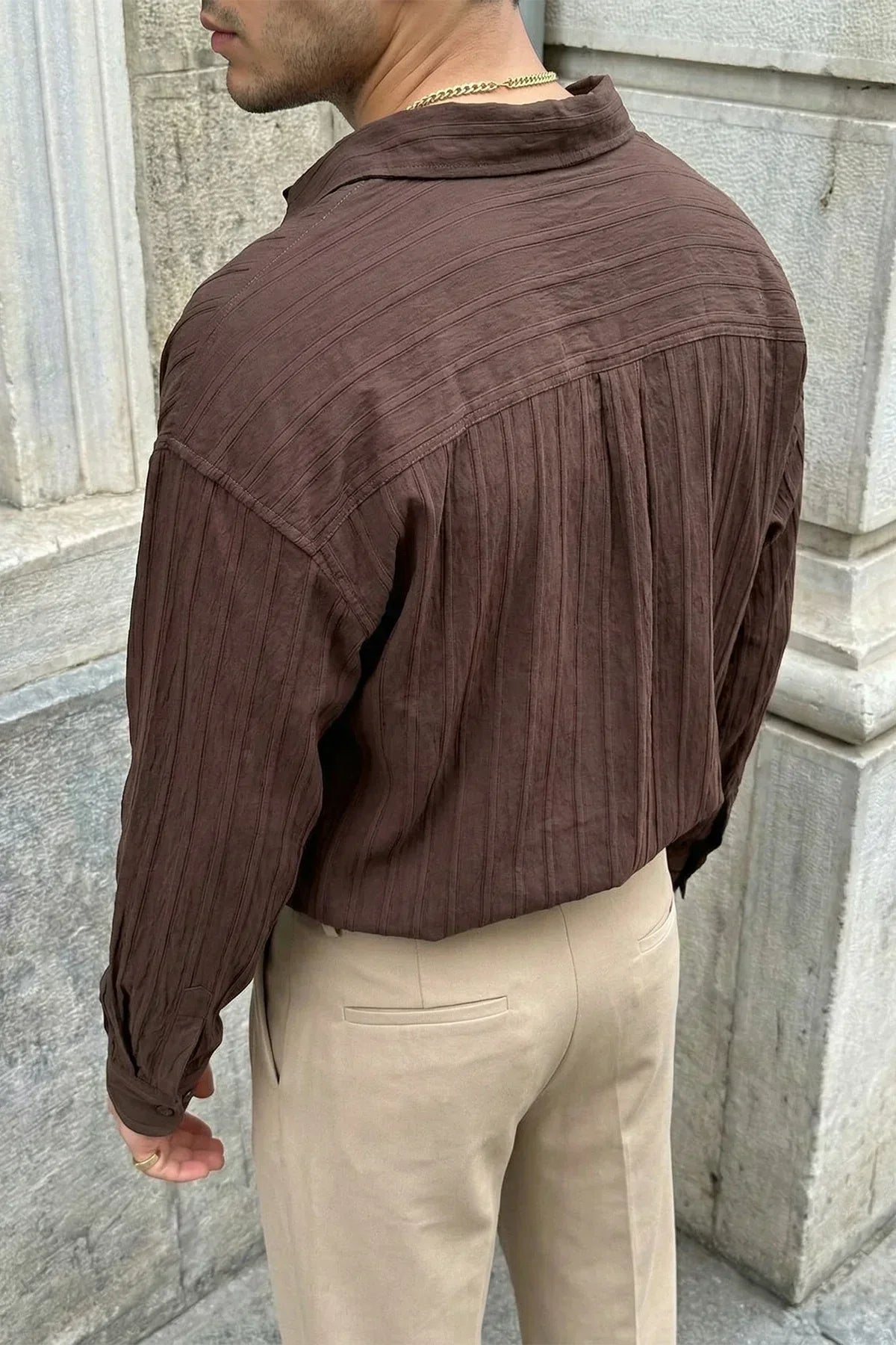 Maze Premium Oversize Erkek Gömlek Dokulu Çizgili - Livio Ferri