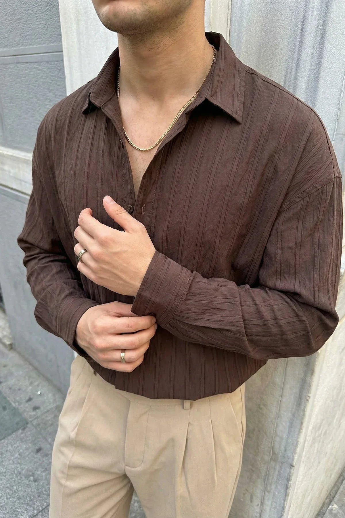Maze Premium Oversize Erkek Gömlek Dokulu Çizgili - Livio Ferri
