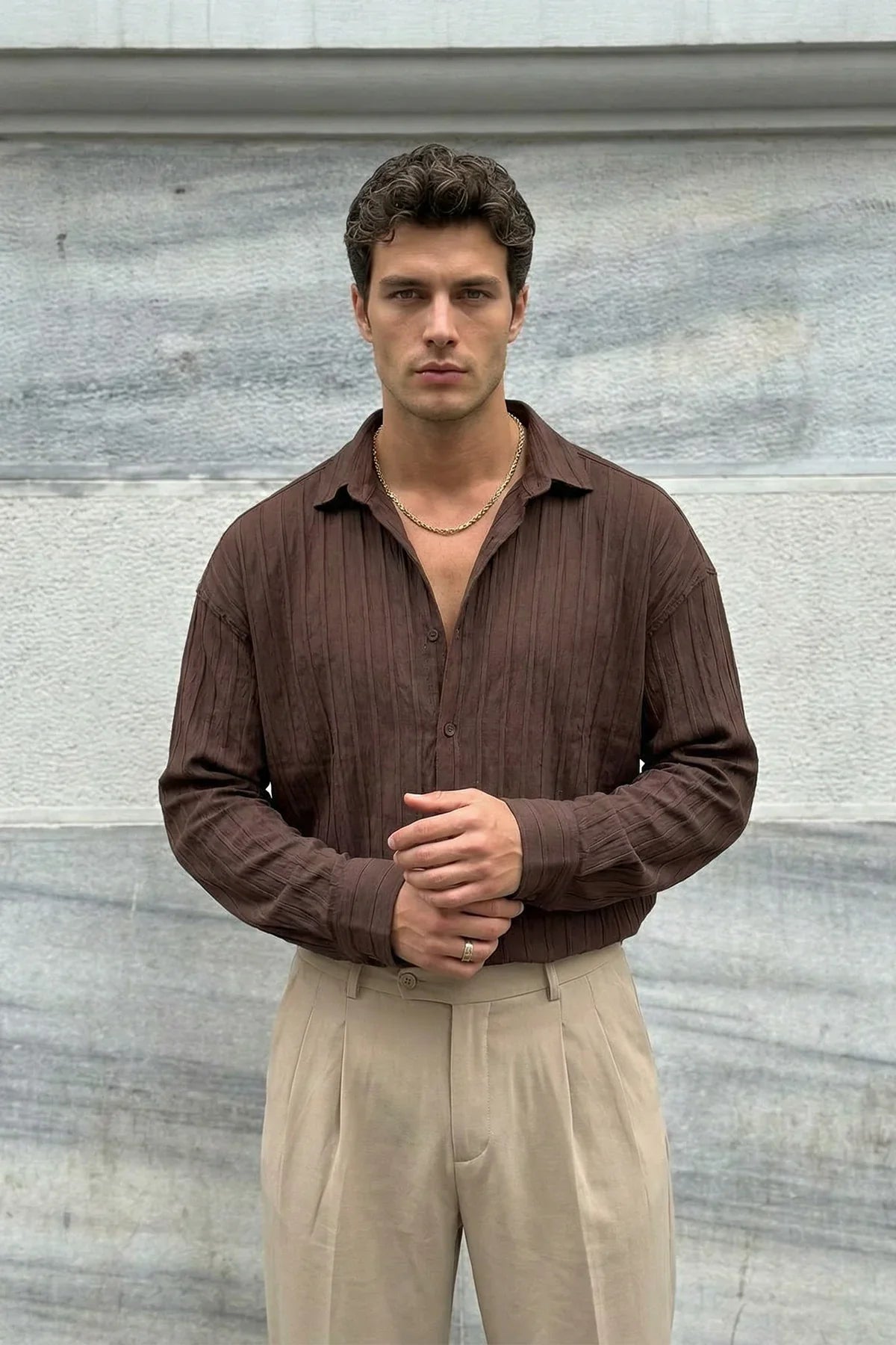 Maze Premium Oversize Erkek Gömlek Dokulu Çizgili - Livio Ferri