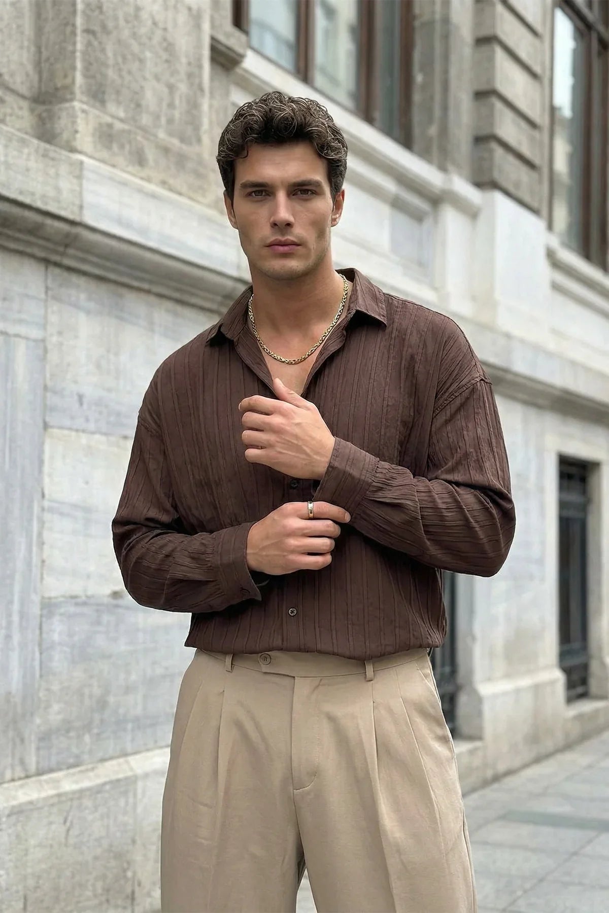 Maze Premium Oversize Erkek Gömlek Dokulu Çizgili - Livio Ferri