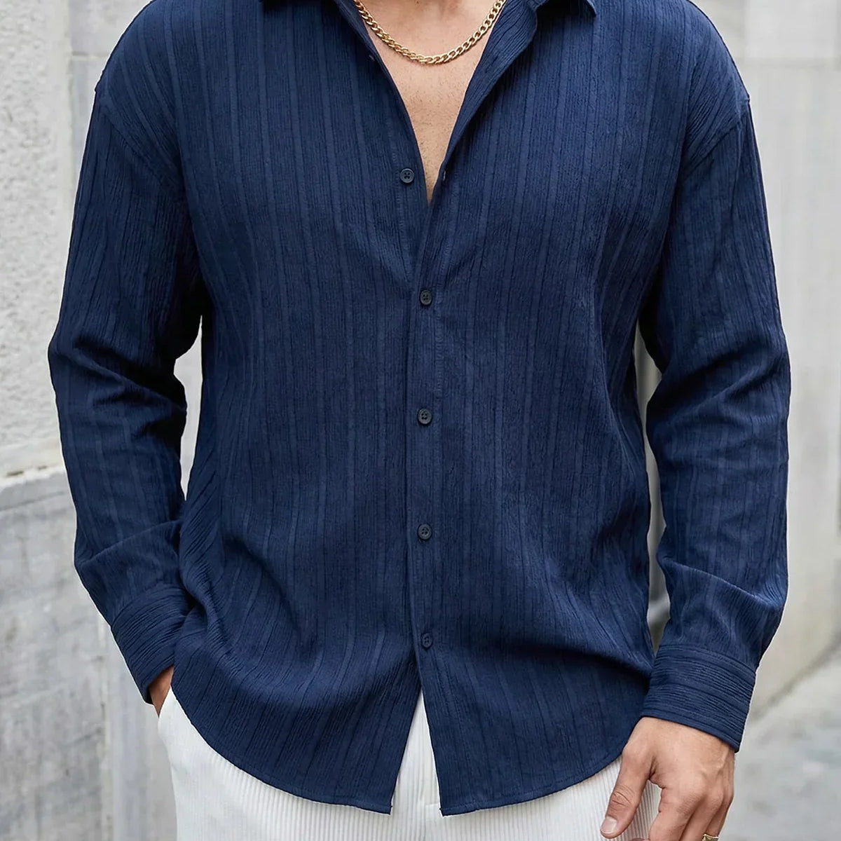 Maze Premium Oversize Erkek Gömlek Dokulu Çizgili - Livio Ferri