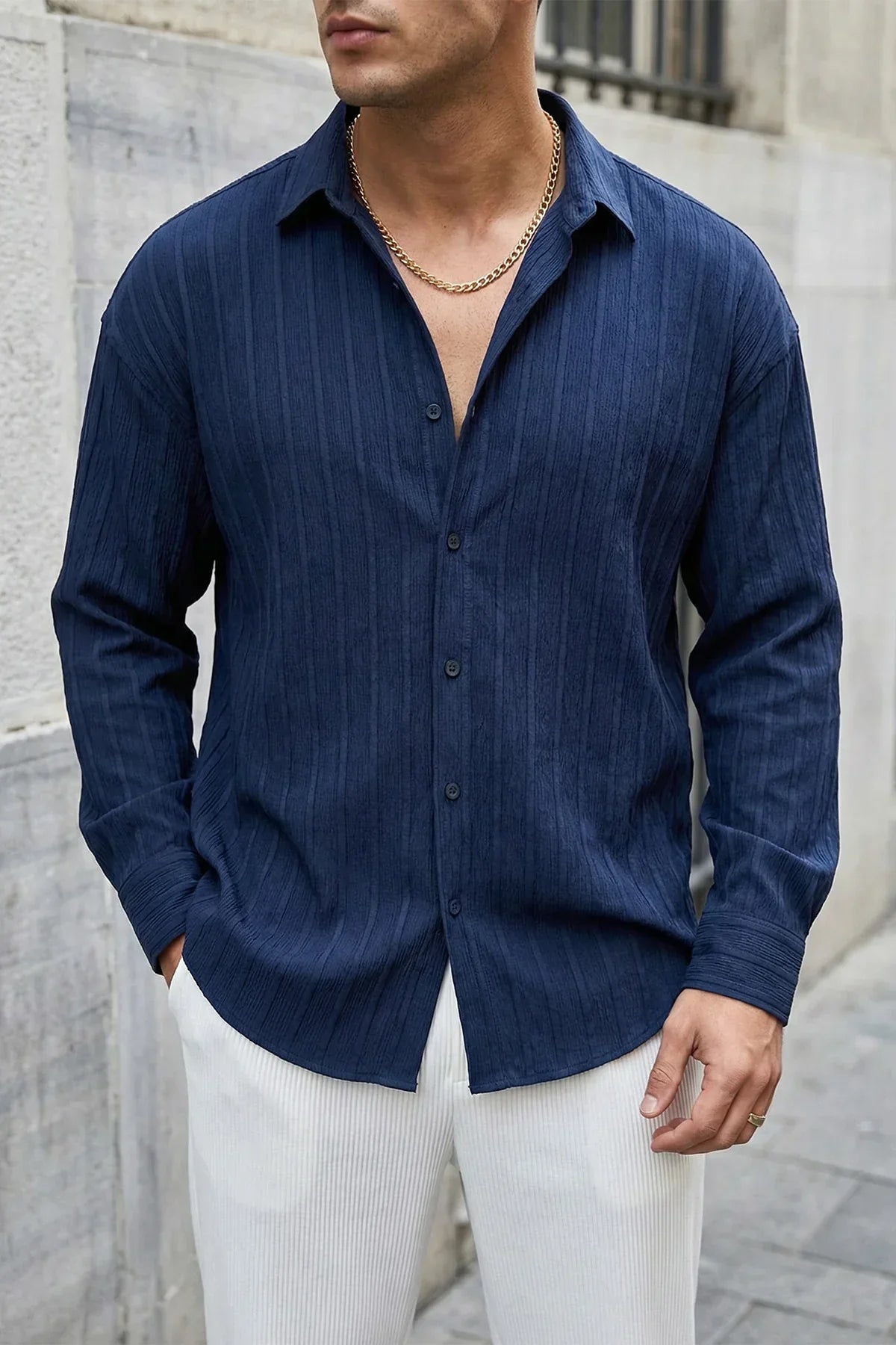 Maze Premium Oversize Erkek Gömlek Dokulu Çizgili - Livio Ferri